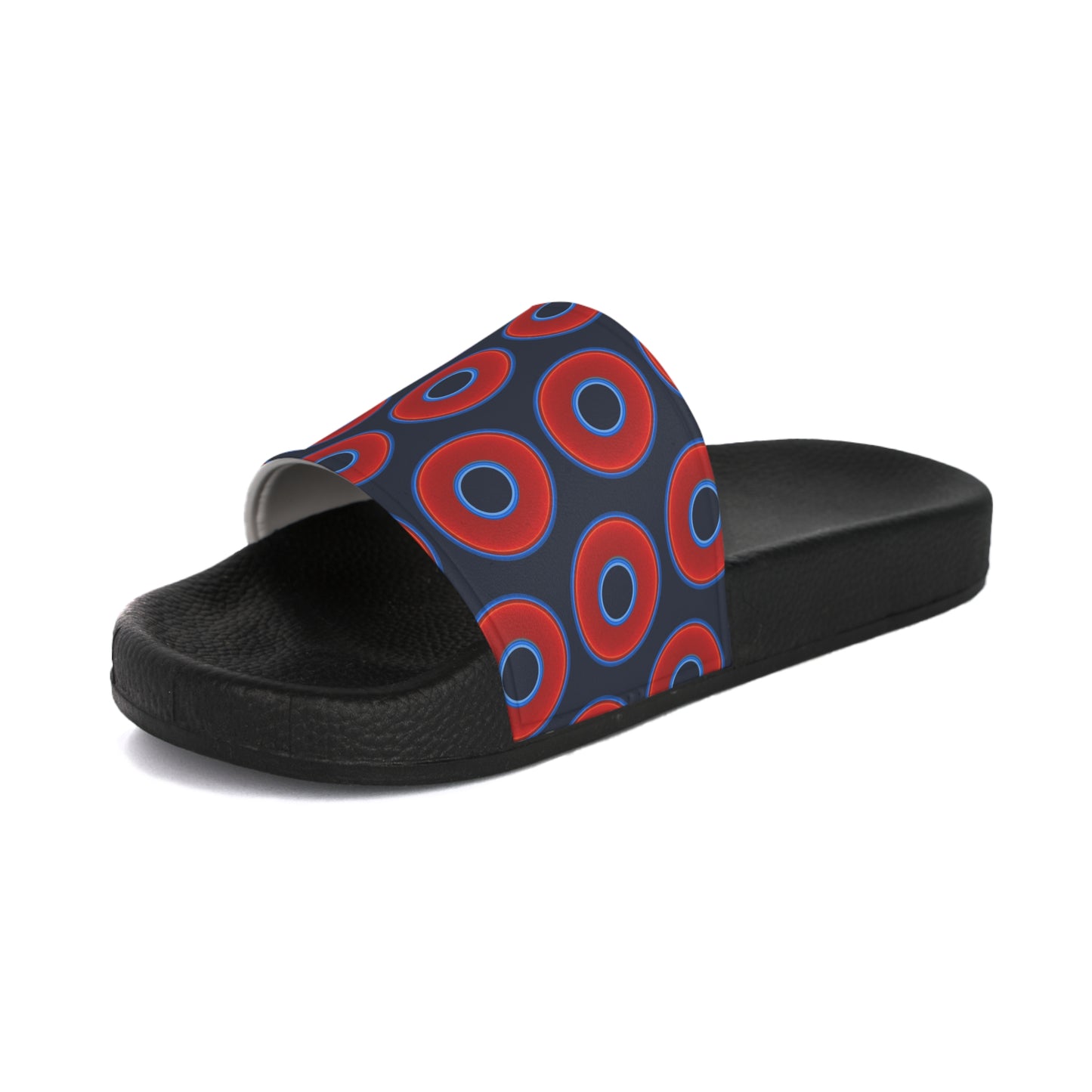 Men's Lumpy Sandals - slip-ons - red vivid donuts w/dark teal blue elite background