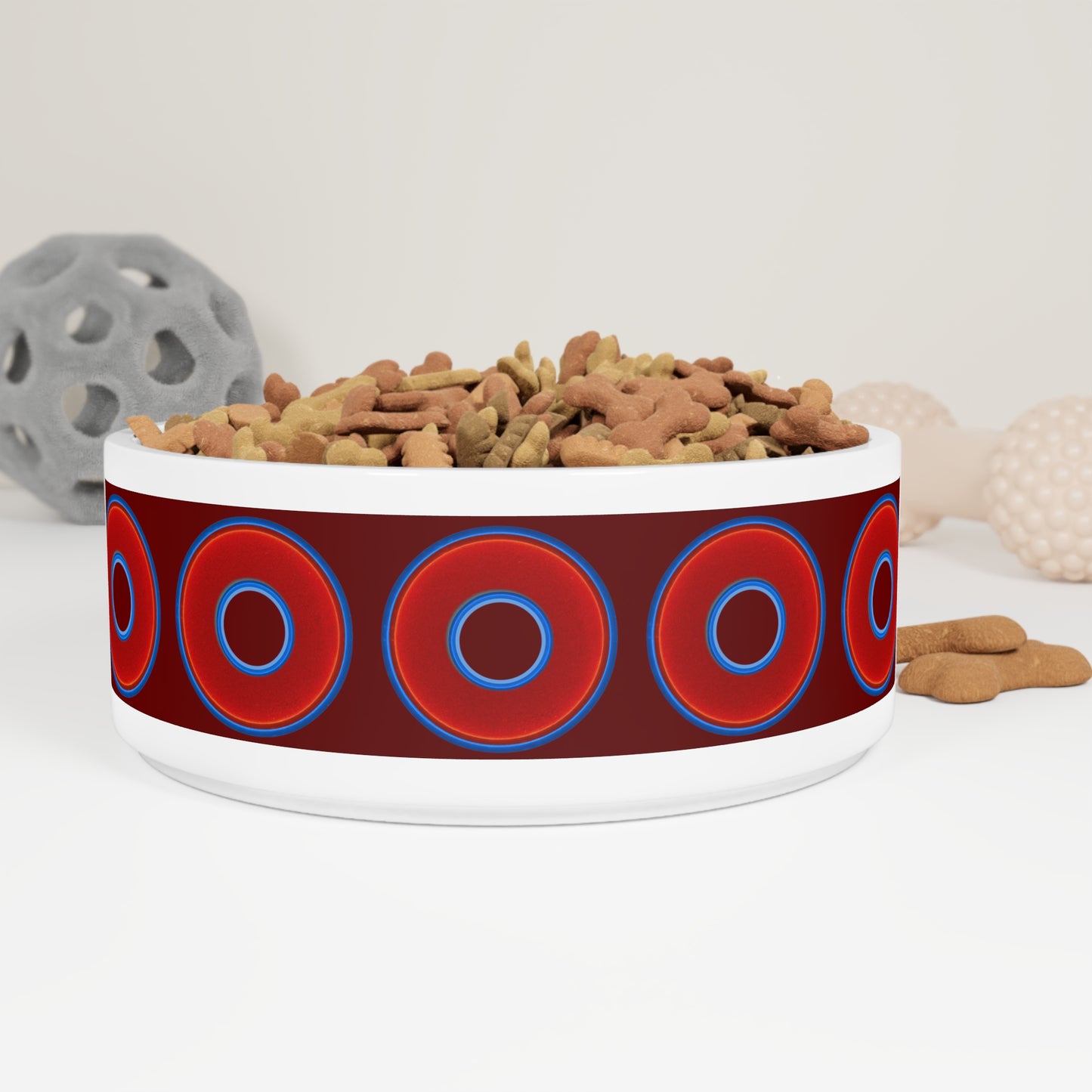 16 oz Lumpy Pet Bowl - vivid red donuts w/dark red background