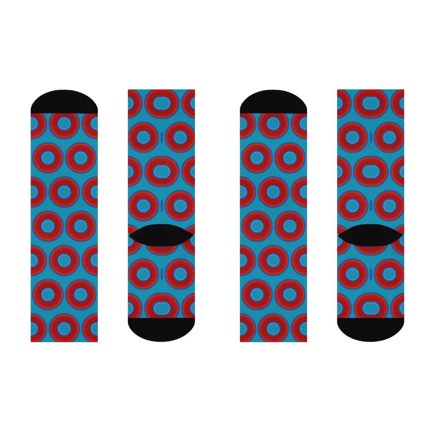 Lumpy Sox - cushioned crew - vivid red donut print w/aquamarine blue background