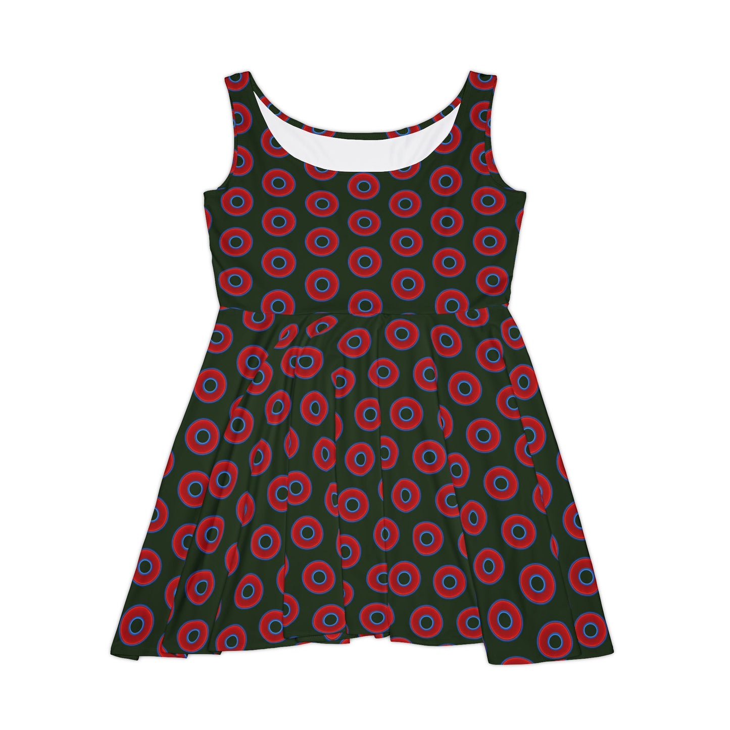 Women's Skater Donut Dress - vivid red donut print w/deep forest green background