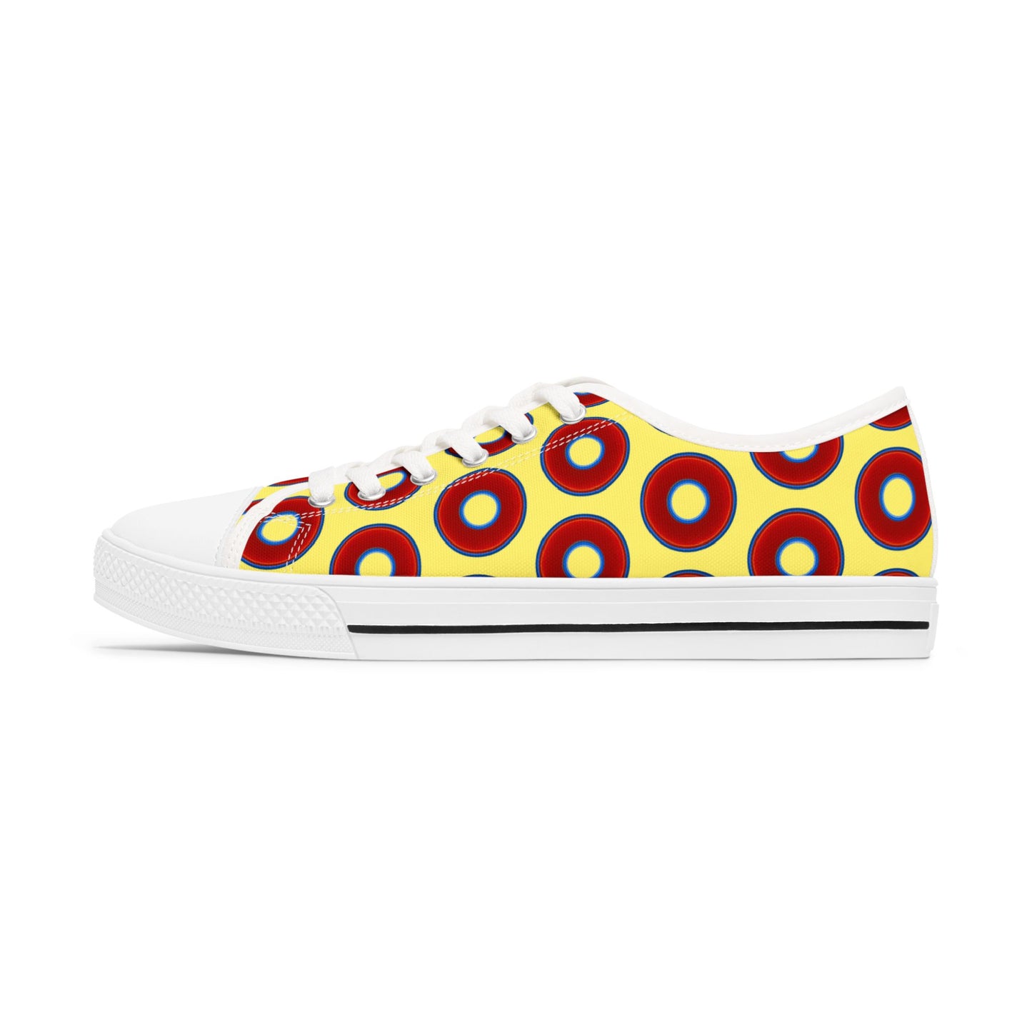 Women's - Low Top Chuck Taylors - large vivid red donut print w/yellow background