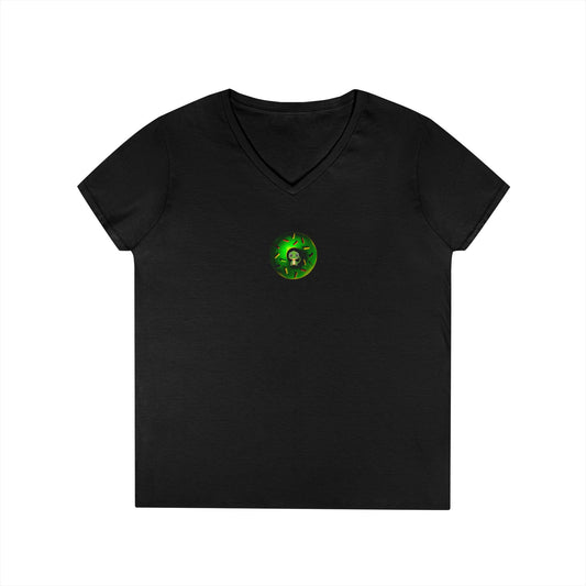 Women's Donut V-Neck Tee - "Little Baby Rutherford" - green cartoon donut w/sprinkles