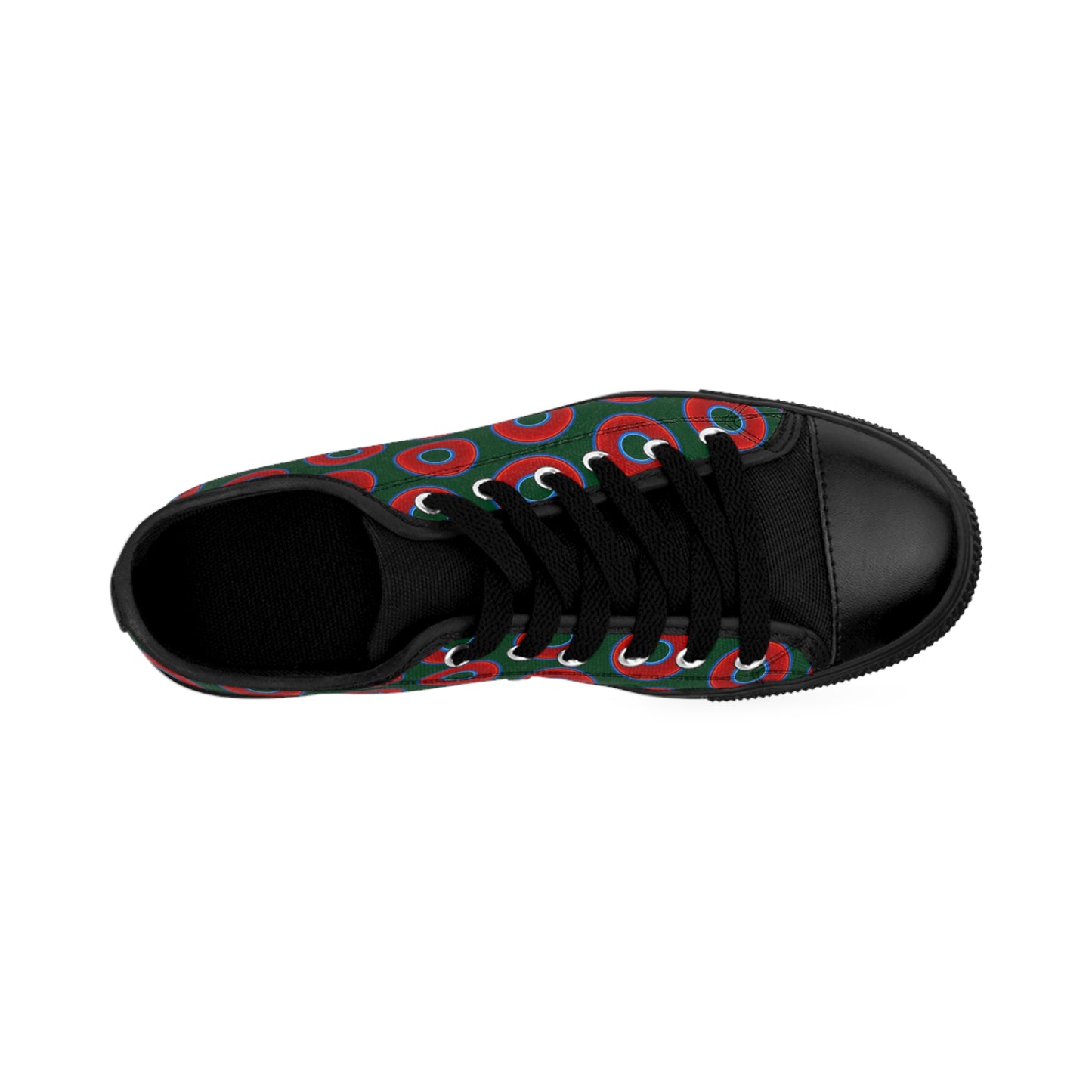 Men's Cushiony Convectors - Low Top - large red vivid donut print w/deep pond green background