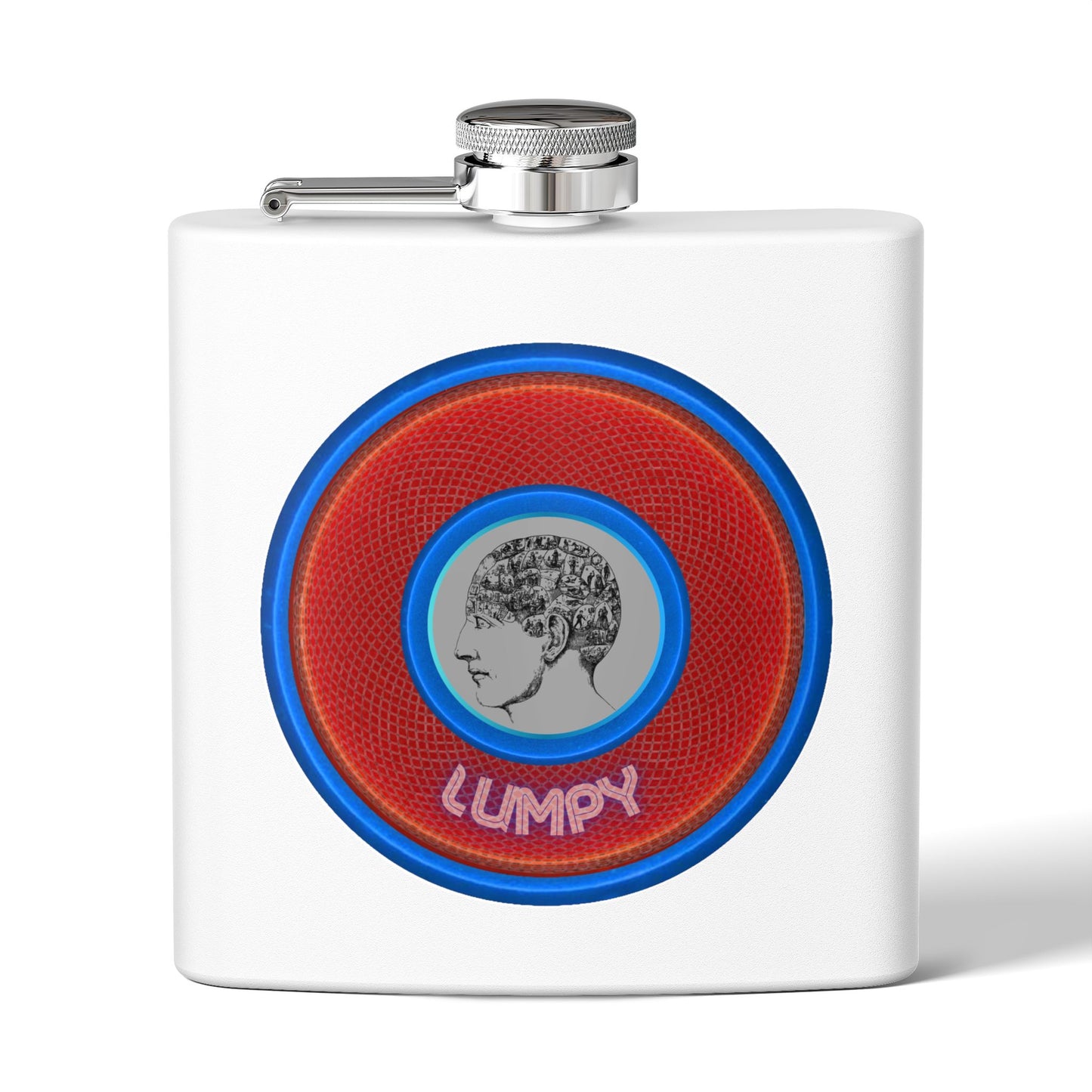 Lump's Donut Flask 6 oz -  "Our Lumpiest Flask" - red/blue rustic donut - [*w/your choice of 6 backgrounds]