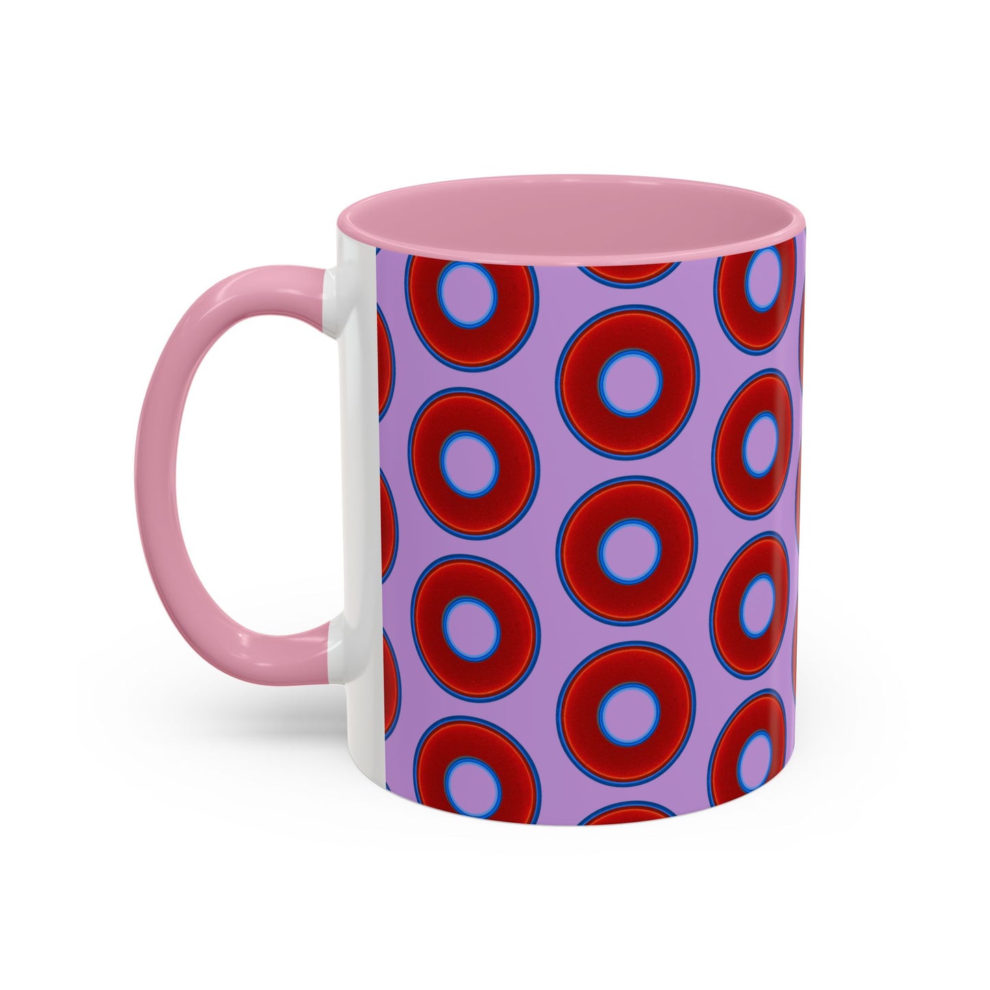 Lump's Grumpy Coffee Mug - vivid red donuts w/wisteria purple background