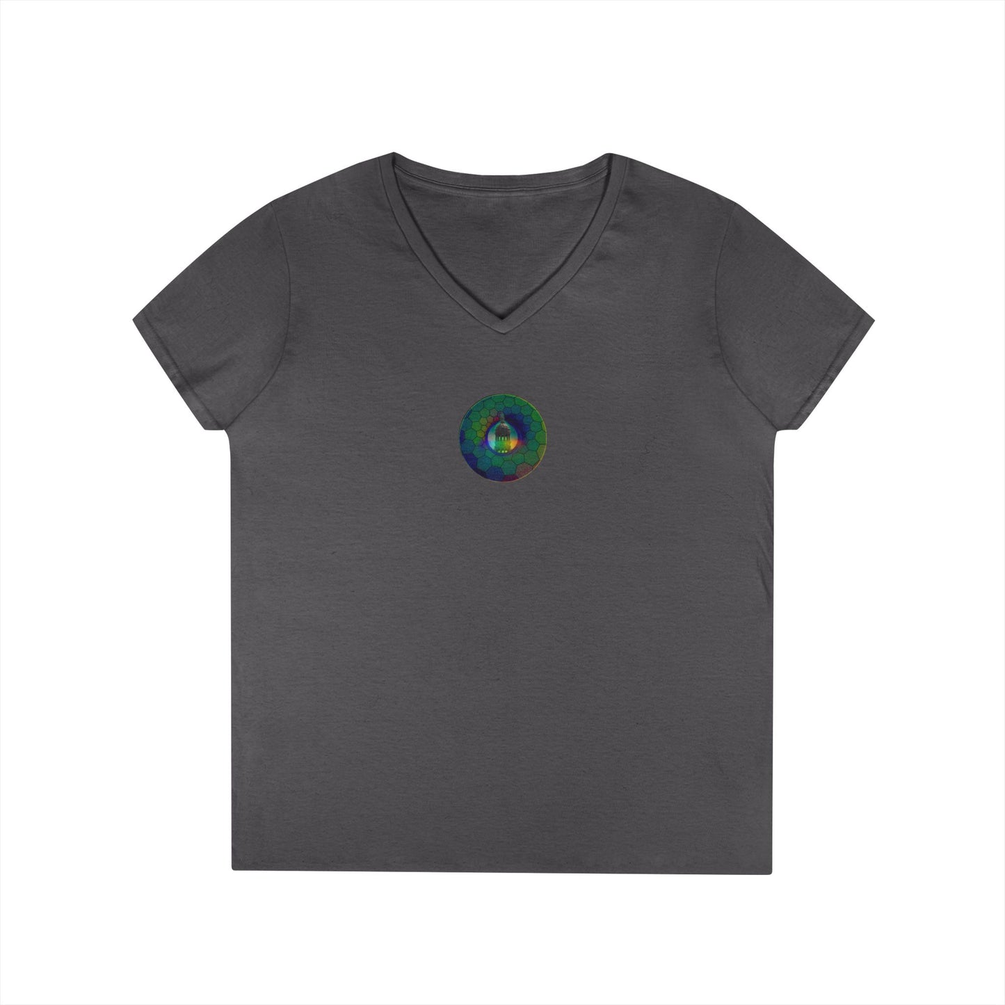 Women's Donut V-Neck Tee - "Save the Mondegreen City Hall Clock Tower" - variant 1 - green hexadonut w/