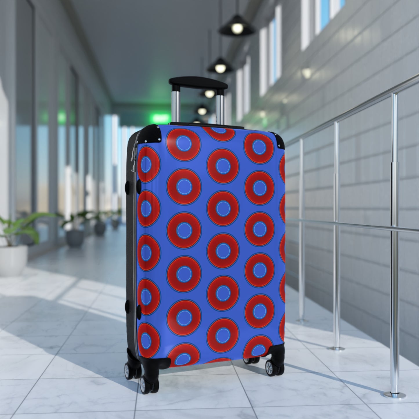 The Very Lumpy Donut Suitcase series - your choice of S, M or L - vivid red donut print w/royal blue background