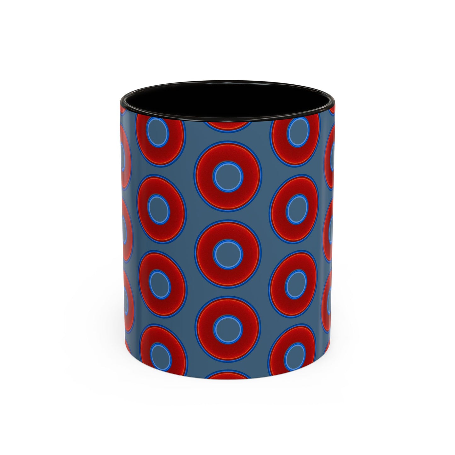 Lump's Grumpy Coffee Mug - vivid red donuts w/steel blue background