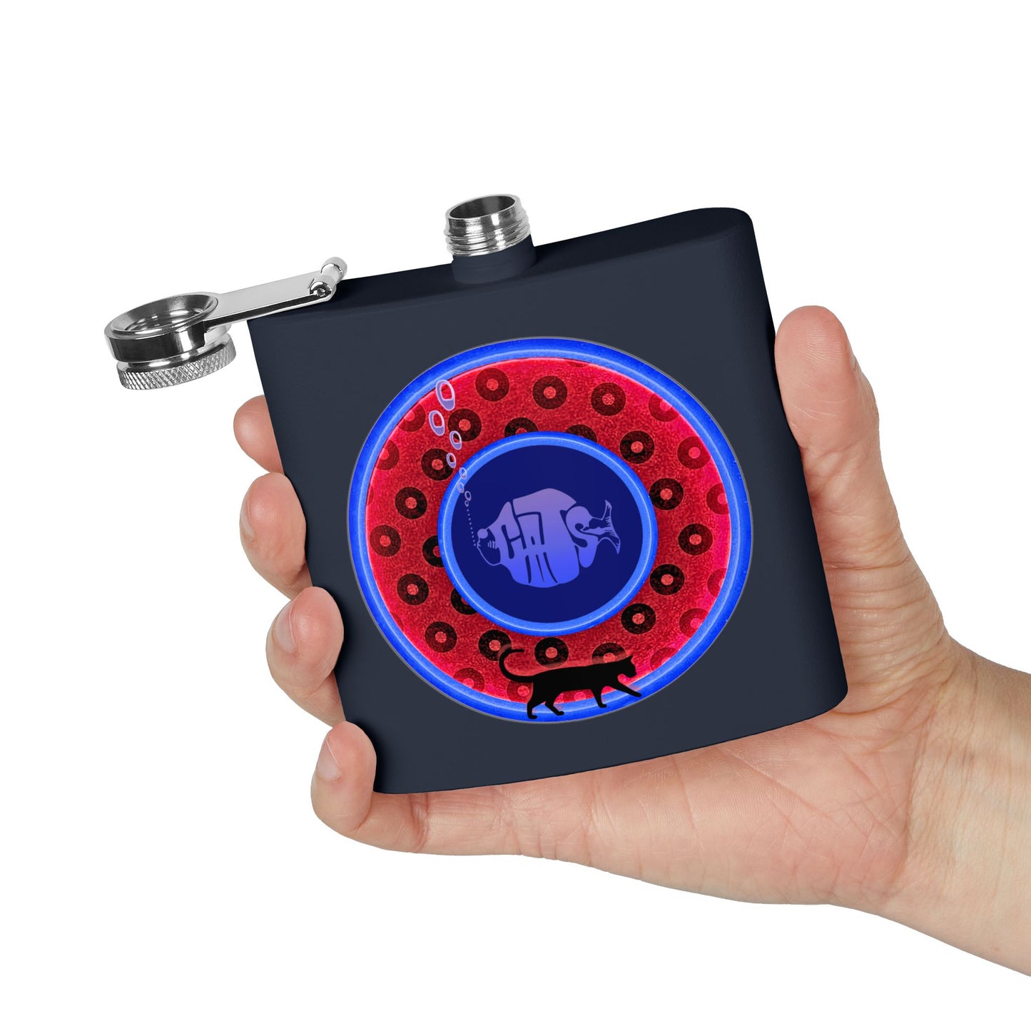 Lump's Donut Flask 6 oz -  red/blue widemouthed paradox donut - [*w/your choice of 6 backgrounds]