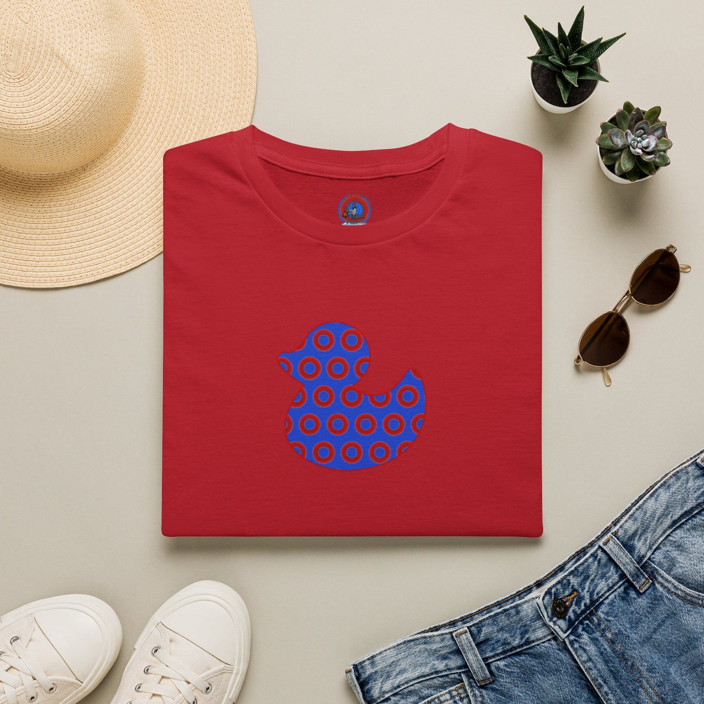 Classic Donut Tee - Unisex Soft-Style - "Rubber Ducky Bath Time Donut" - vivid red/blue donut pattern - variant 3