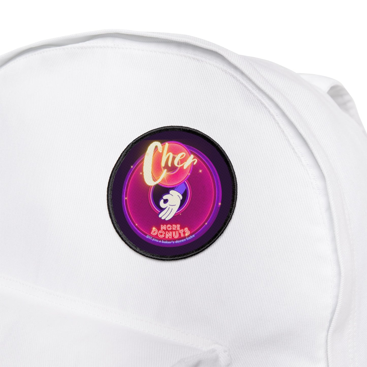 Iron-On Donut Patch - "Cher-ing is Caring Donut Patch" - vivid magenta/purple donut - variant 1 - [*Charitable Donut]