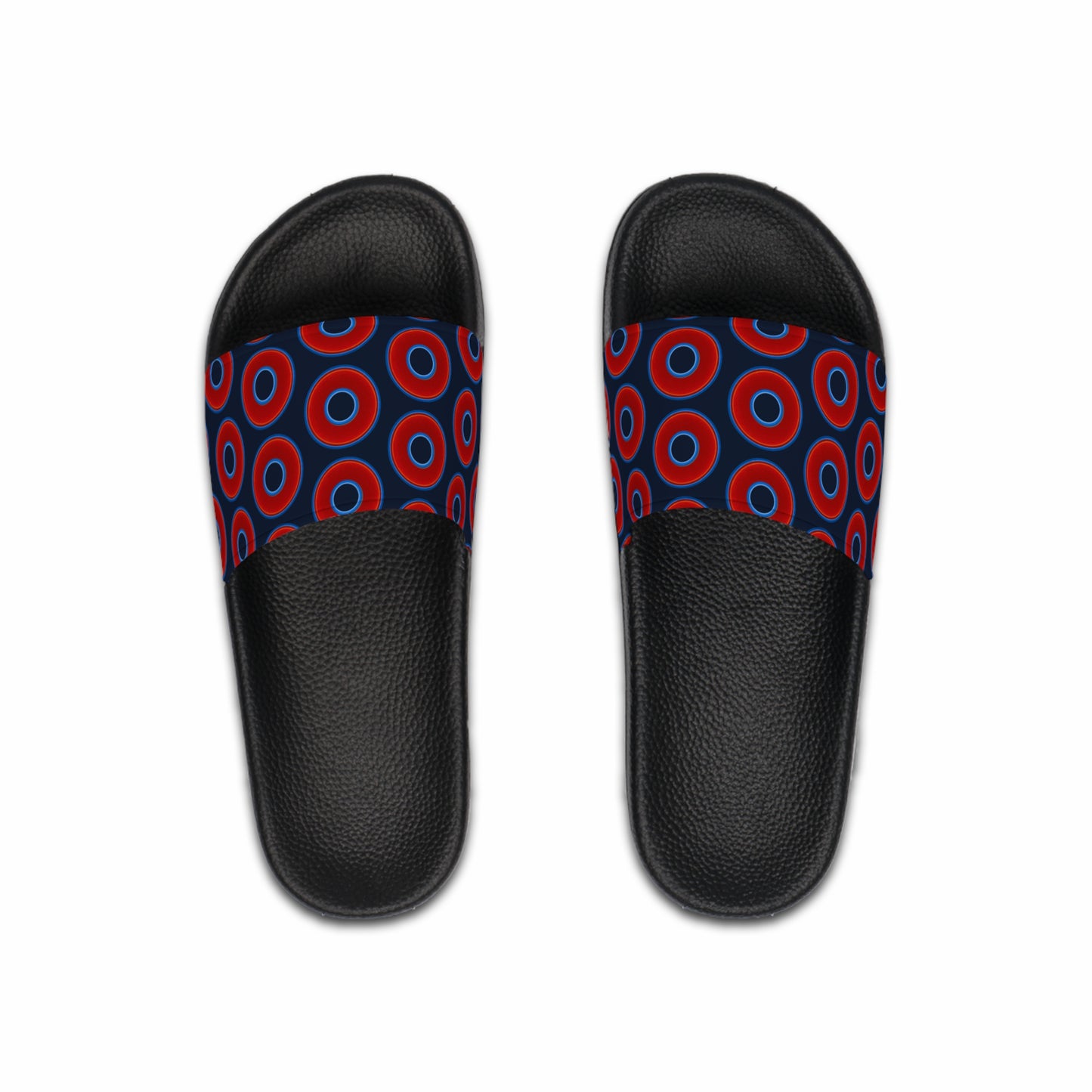 Men's Lumpy Sandals - slip-ons - red vivid donuts w/dark teal blue elite background