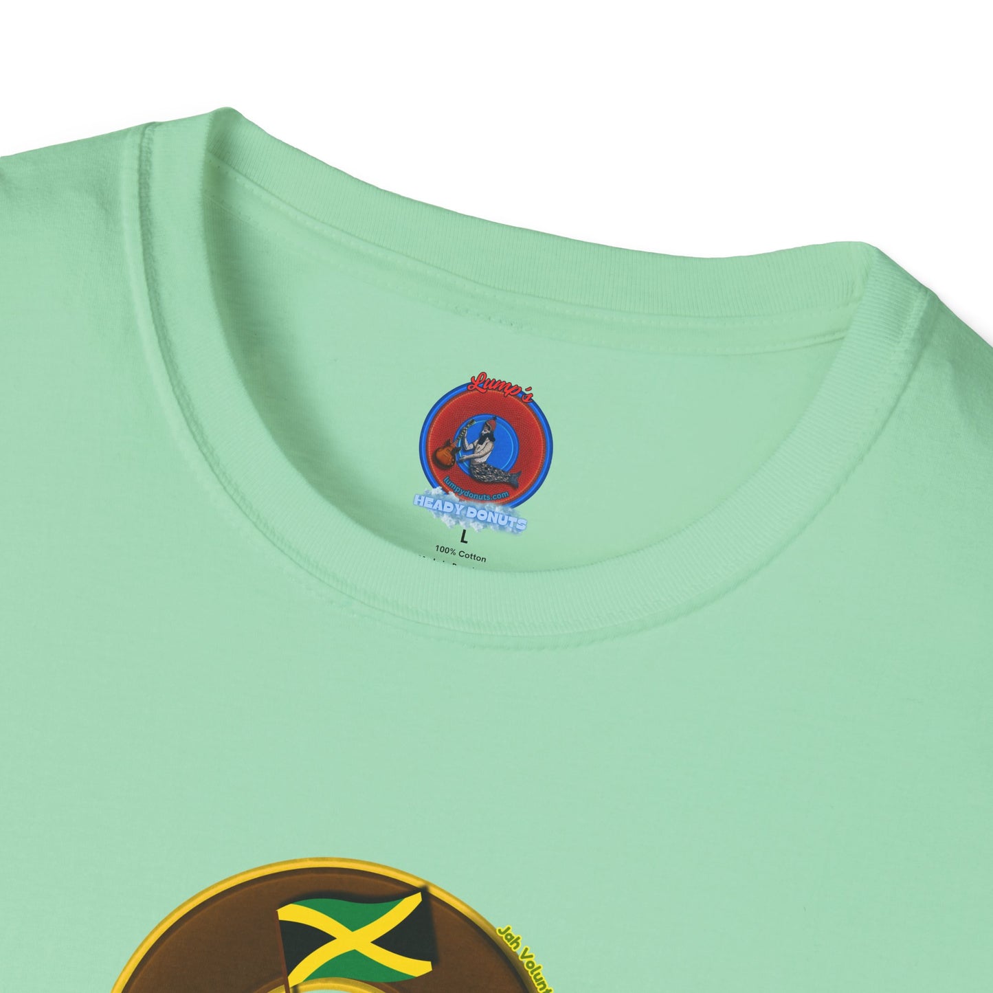 Classic Donut Tee - Unisex Soft-Style - "Jah Volunteers Protect Jah Love... and donuts!" - vivid brown/gold donut