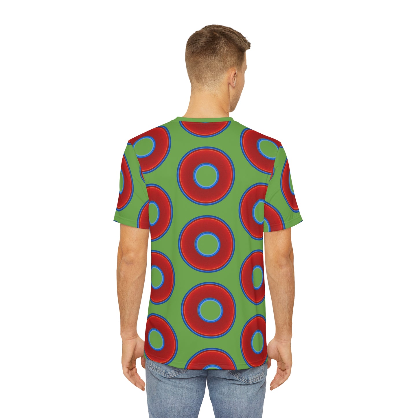 Multi-Beastie Giant Donut AOP Polyester Tee - red vivid donut print w/light green background