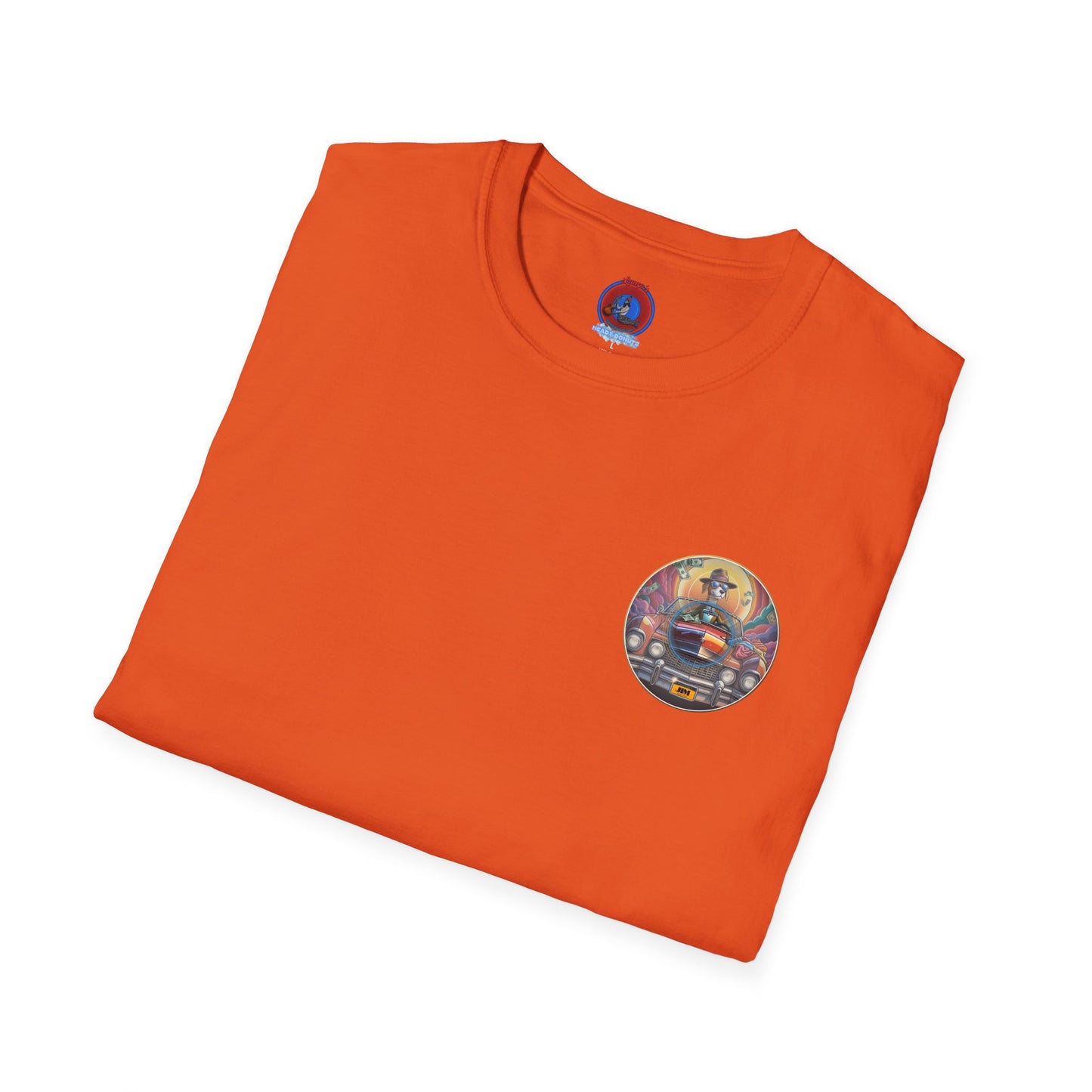Classic Donut Tee - Unisex Soft-Style - "Jimmy's Marathon Donut Tee" - series 1.0  - variant 2 - orange/purple pic donut