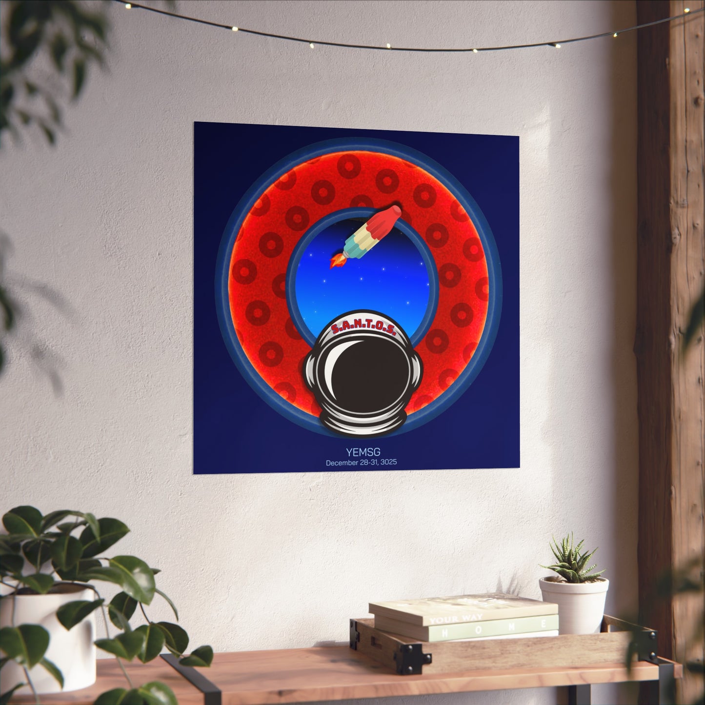 Lumpy Poster Nuts - "This is What Donuts Smell Like in Space - YEMSG Rocket Pop" - 24" x 24" 220gsm Giclée/matte  - rustic blue/red donut on dark blue background