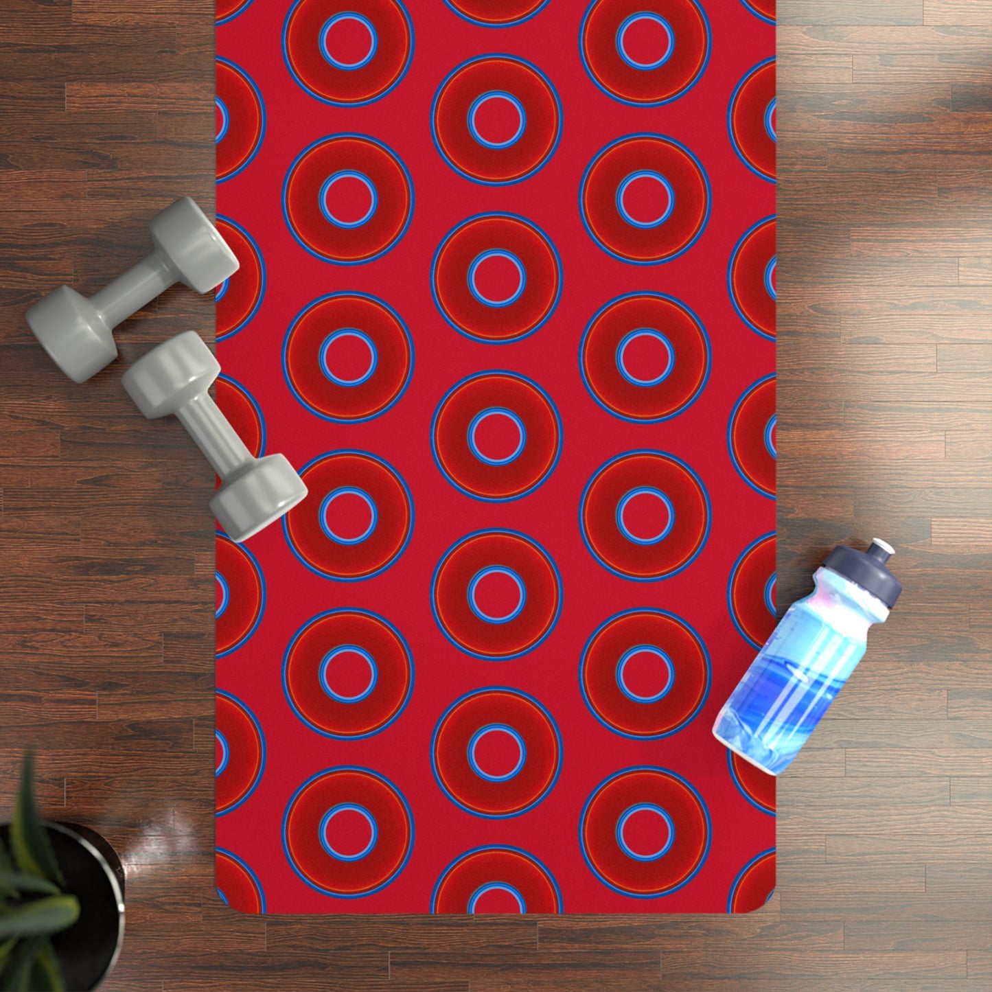 Lumpy Donut Yoga Mat :) - 24″ x 70" - vivid red donut print w/red background