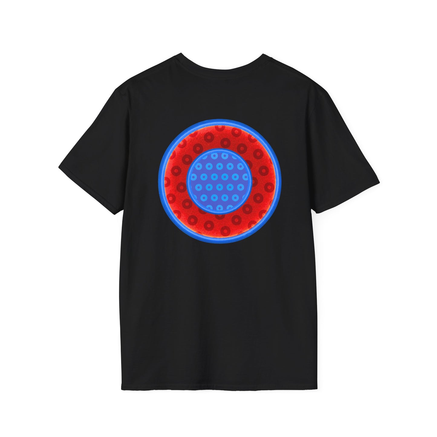 Classic Donut Tee - Unisex Soft-Style - "All You Can Eat Donut Platter" - red/blue paradoxical donuts