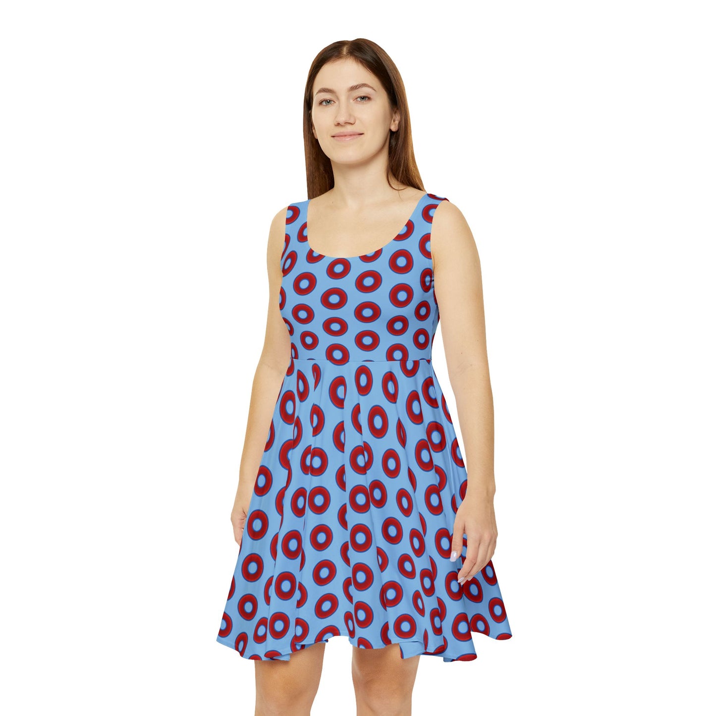 Women's Skater Donut Dress - vivid red donut print w/sky blue background