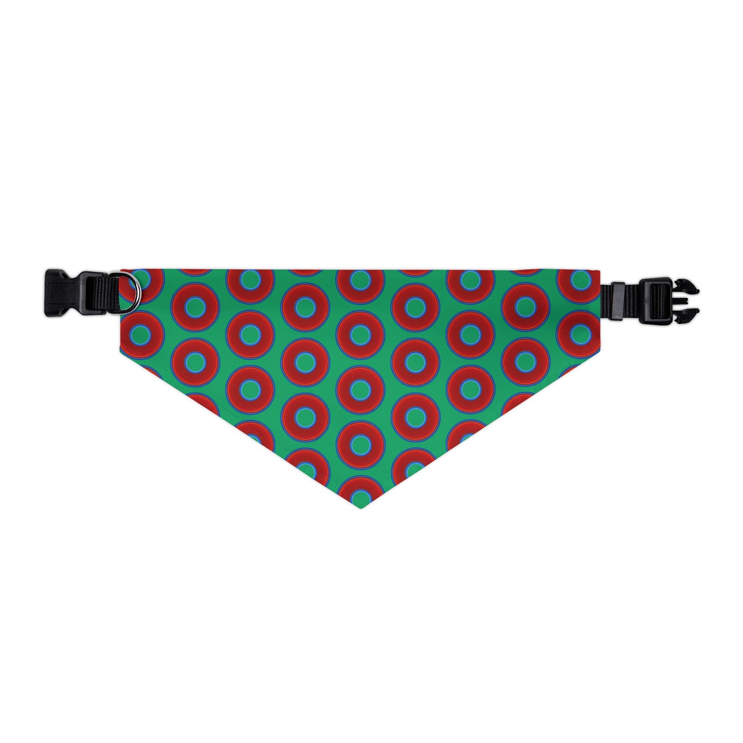 Jim's Lumpy Bandana Pet Collar - vivid red donuts w/jade green background
