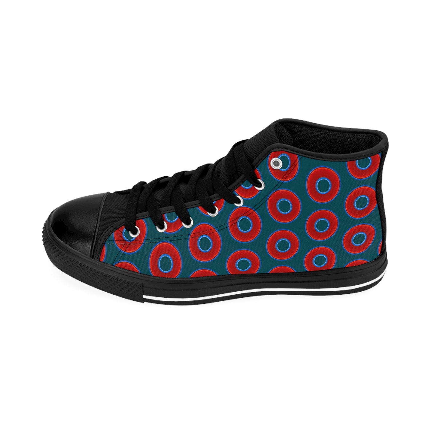 Men's Cushiony Convectors - High Tops - red vivid donuts w/midnight teal green background