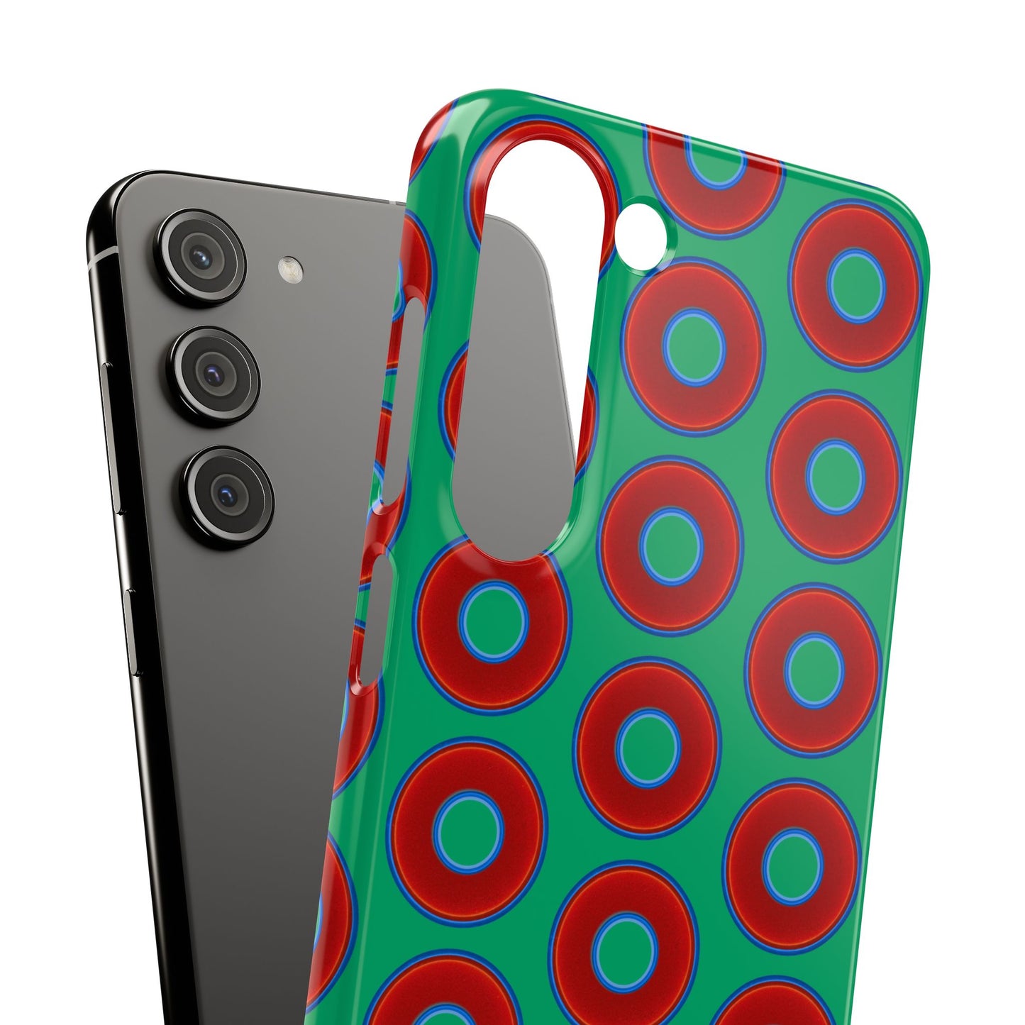 Lumpy Donut Snap Case - red vivid donut print w/jade green background