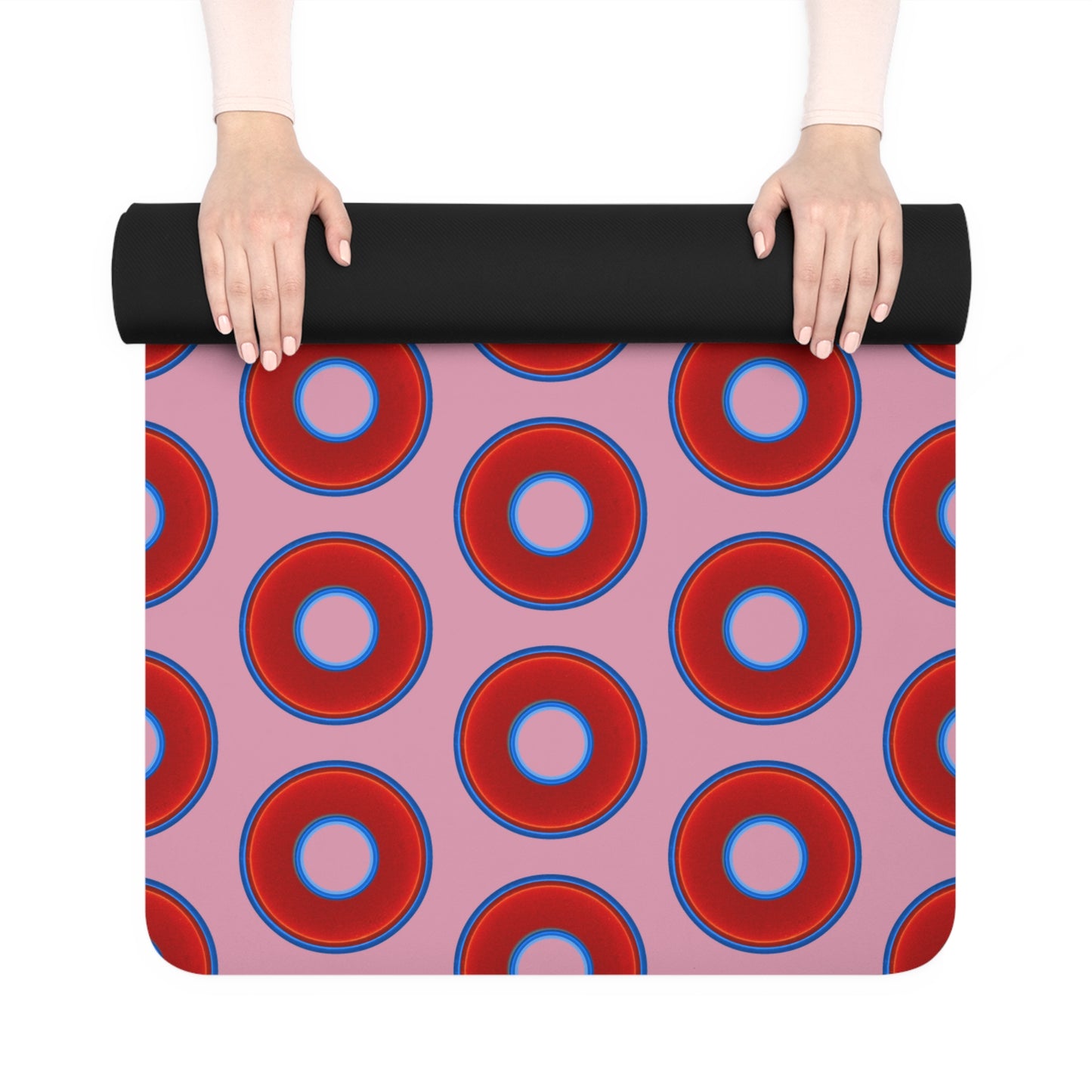 Lumpy Donut Yoga Mat :) - 24″ x 70" - vivid red donut print w/pale magenta background