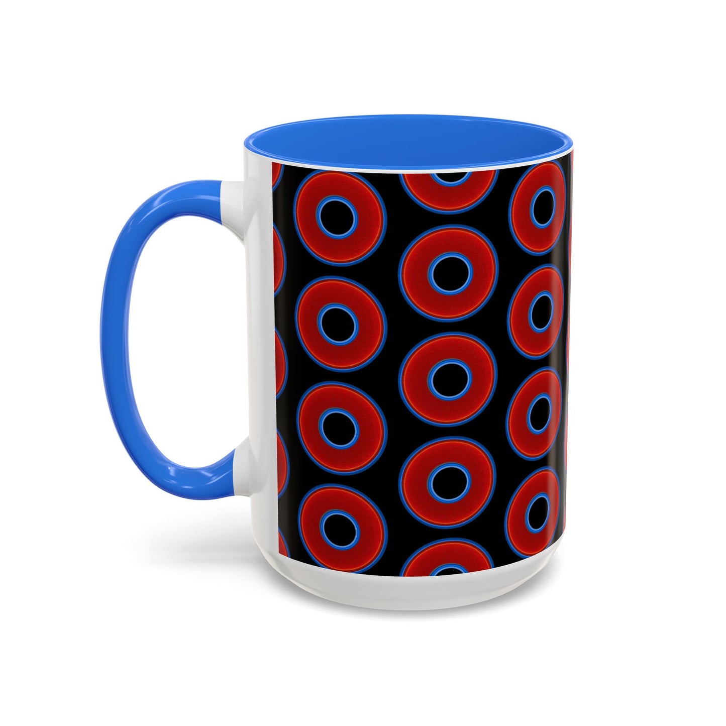 Lump's Grumpy Coffee Mug - vivid red donuts w/black background