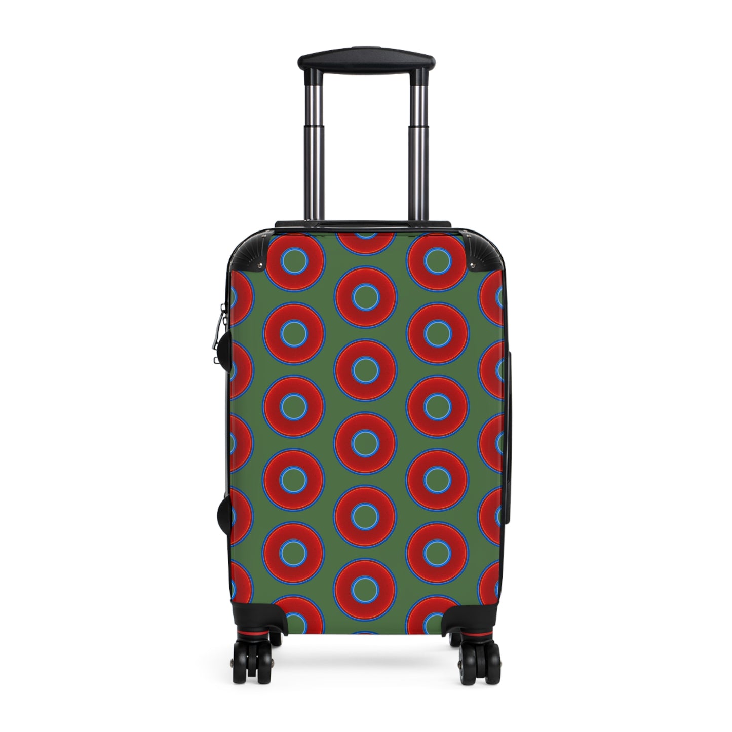 The Very Lumpy Donut Suitcase series - your choice of S, M or L - vivid red donut print w/dark Fenway green background