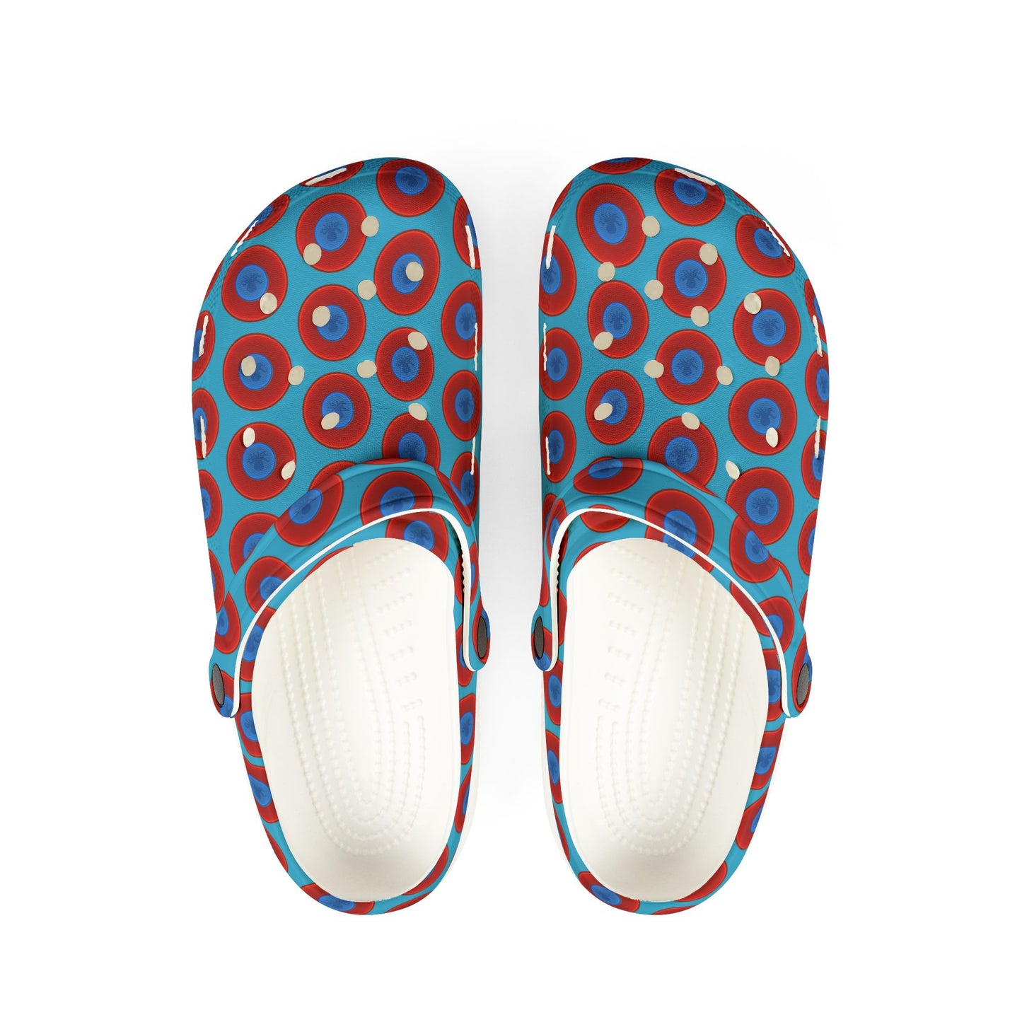 Spatchcocks - donut slip-on shoes - "Roger Moore's Octopussy Donut" - red vivid donuts w/turquoise background [unisex]