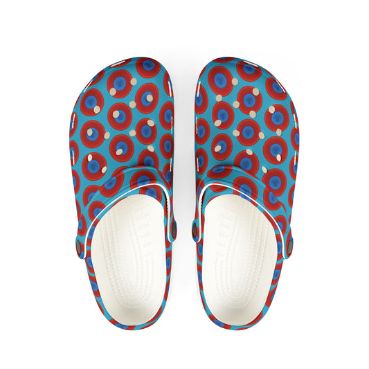 Spatchcocks - donut slip-on shoes - "Roger Moore's Octopussy Donut" - red vivid donuts w/turquoise background [unisex]