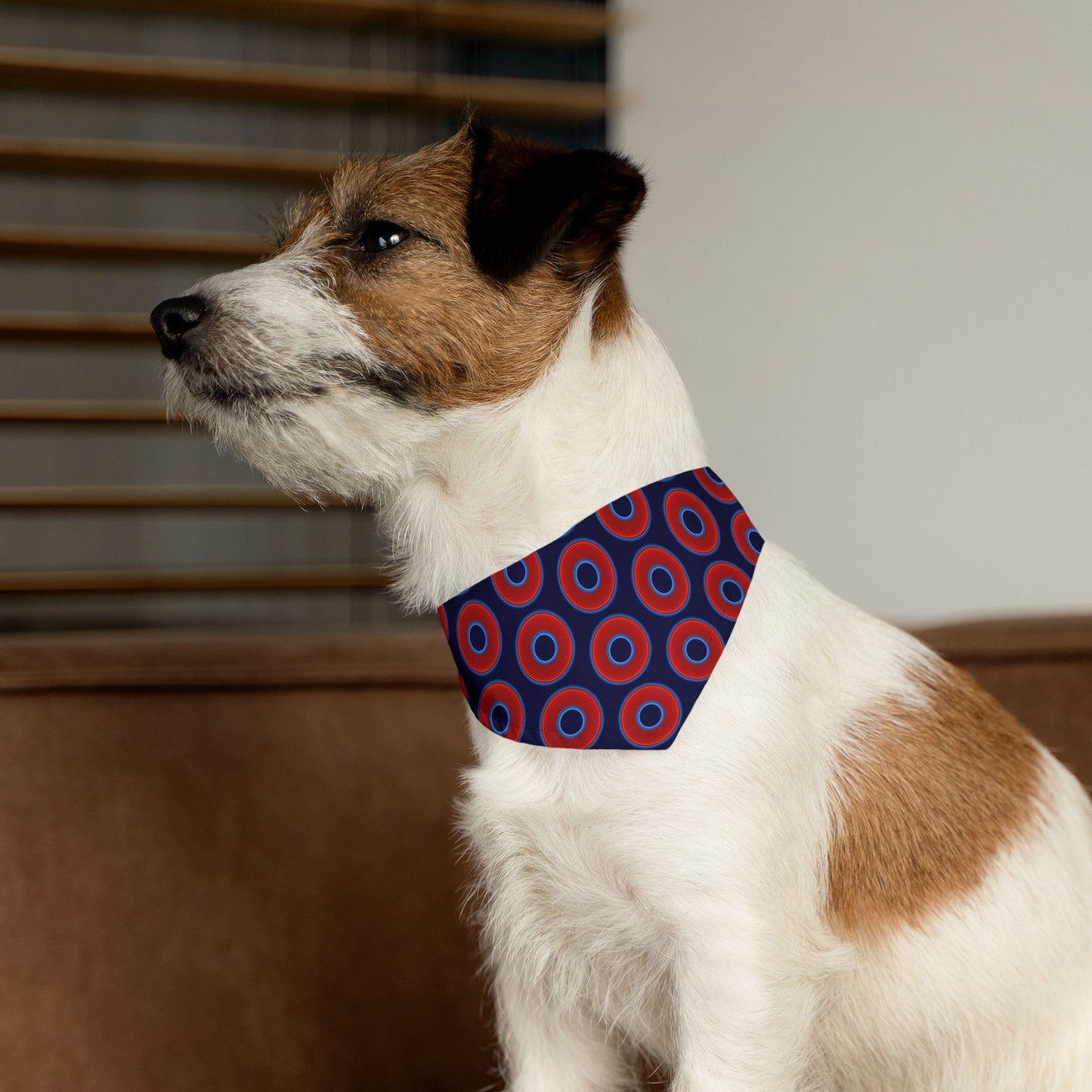 Jim's Lumpy Bandana Pet Collar - vivid red donuts w/midnight blue background