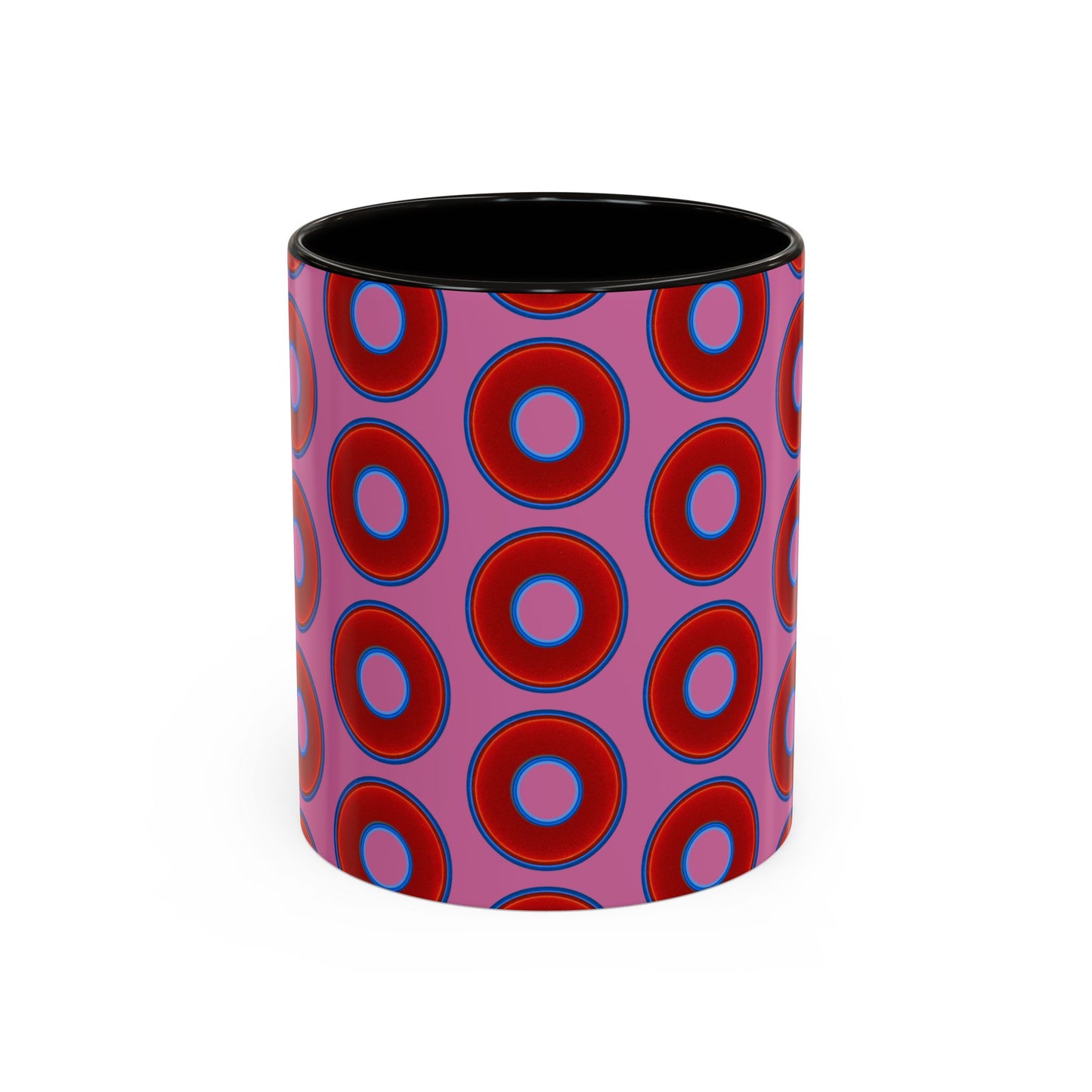 Lump's Grumpy Coffee Mug - vivid red donuts w/pink background