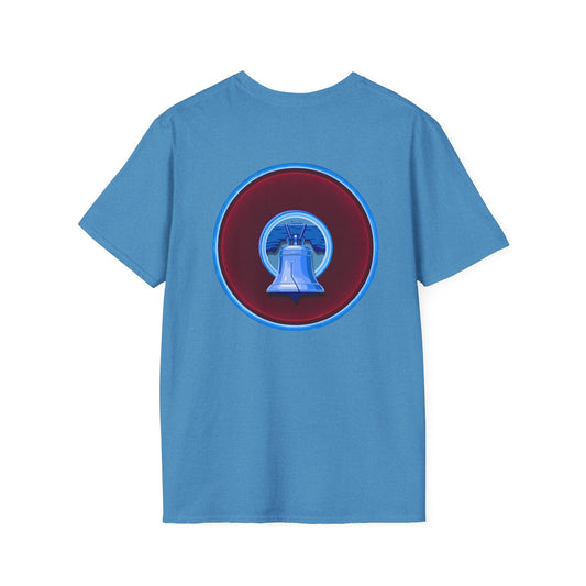 Classic Donut Tee - Unisex Soft-Style - "Brotherly Donuts Jawn" - vivid dark purple-red/light blue donut
