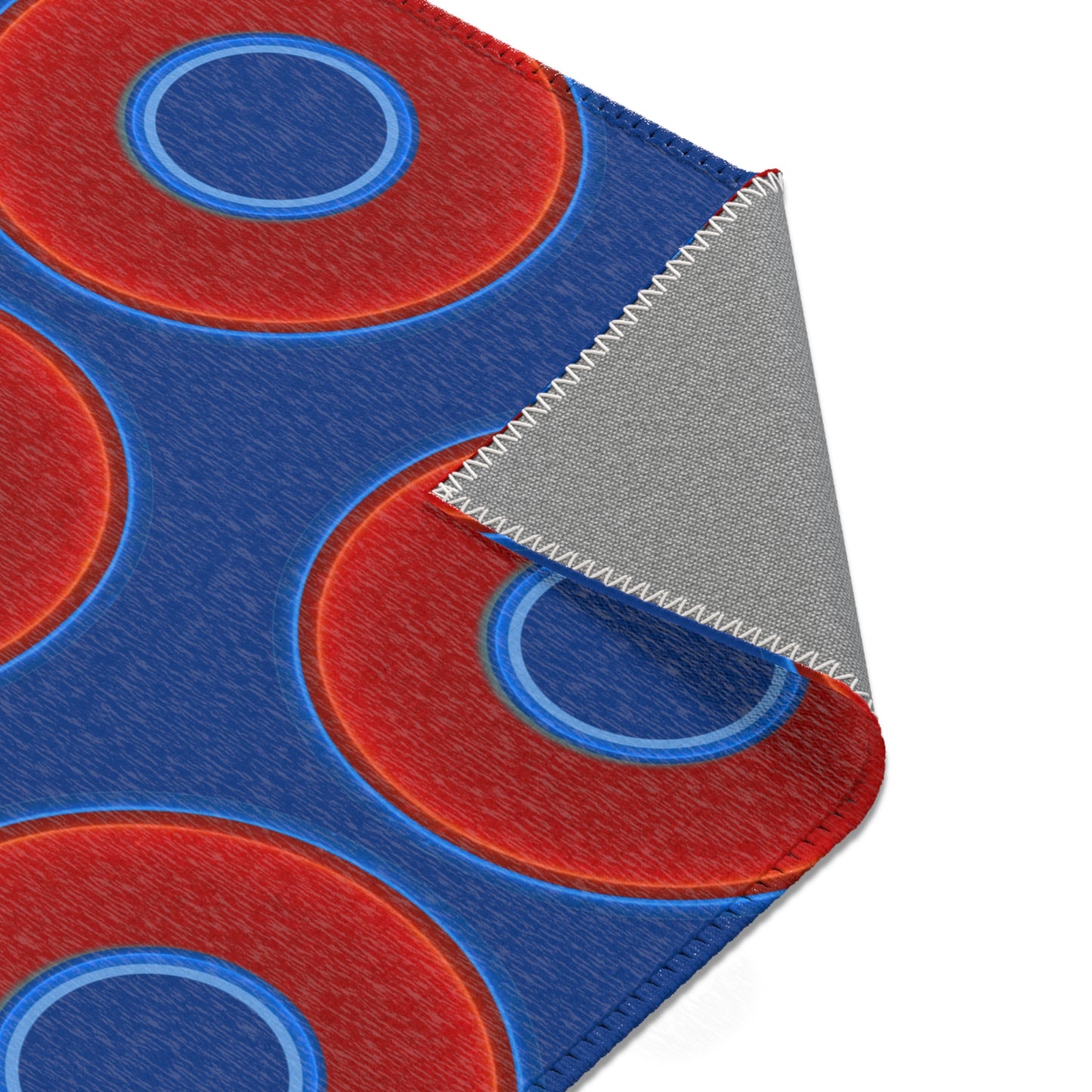 Lumpy Donut Print Rug - choice of 3 sizes - vivid red donut print w/dark blue background