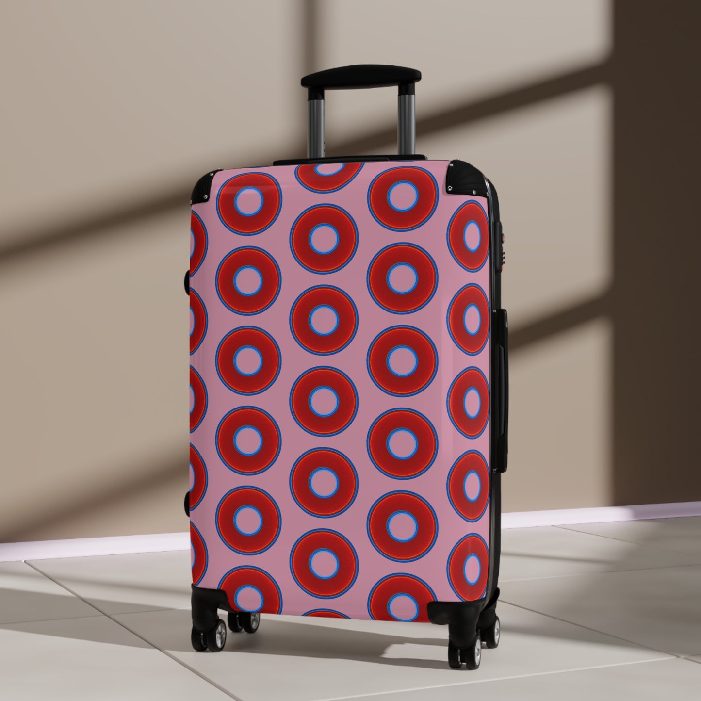 Very Lumpy Donut Suitcase series - your choice of S, M or L - vivid red donut print w/pale magenta background