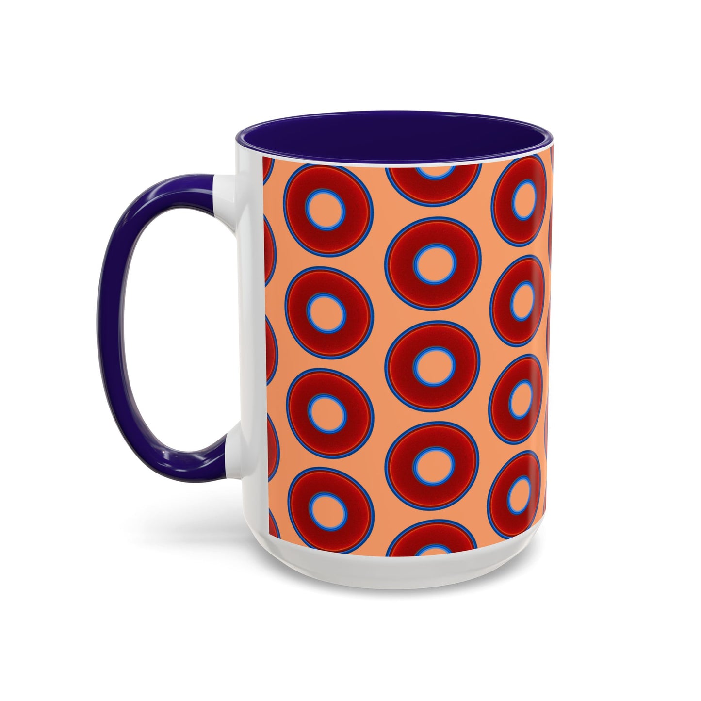 Lump's Grumpy Coffee Mug - vivid red donuts w/peach background