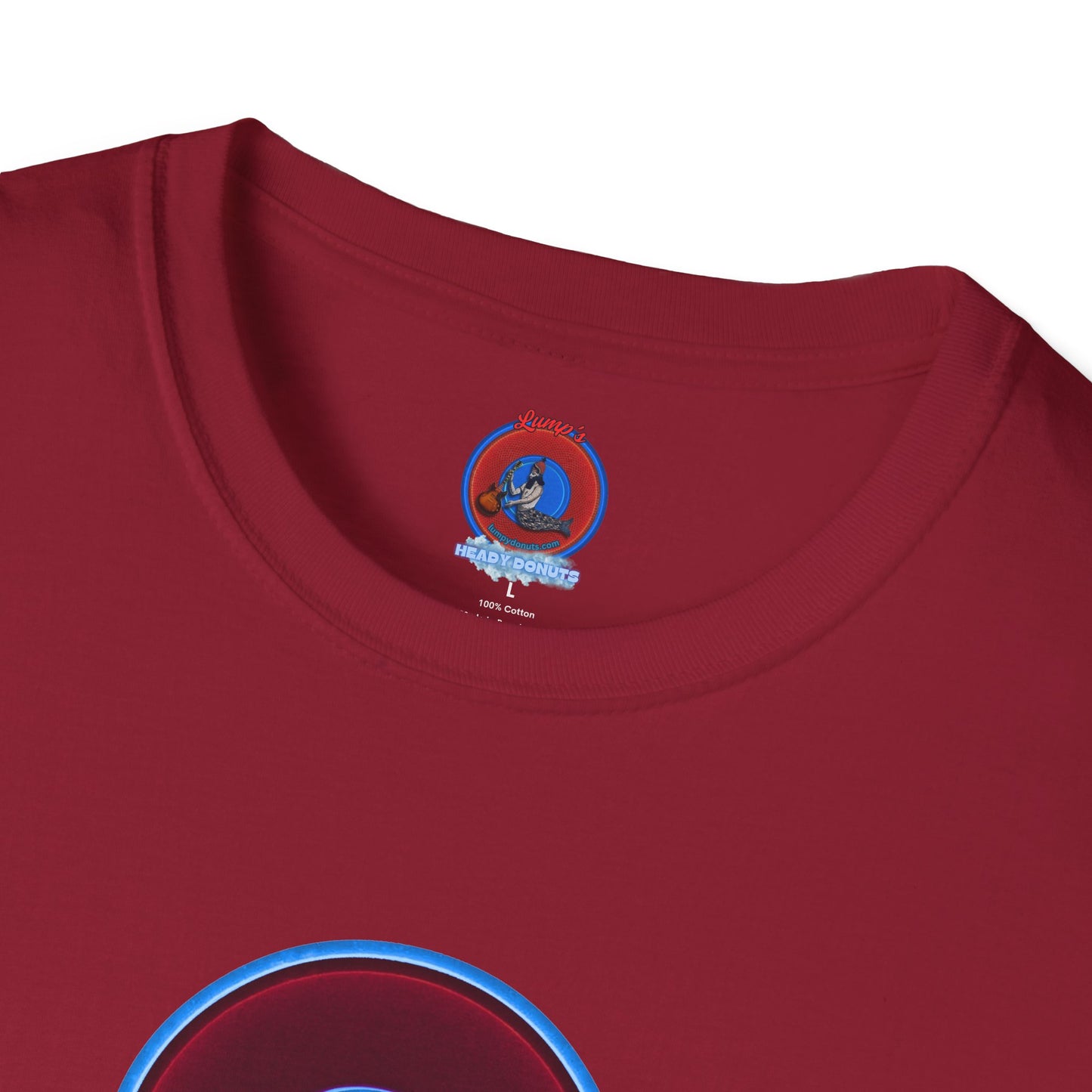Classic Donut Tee - Unisex Soft-Style - "Brotherly Donuts Jawn" - vivid dark purple-red/light blue donut