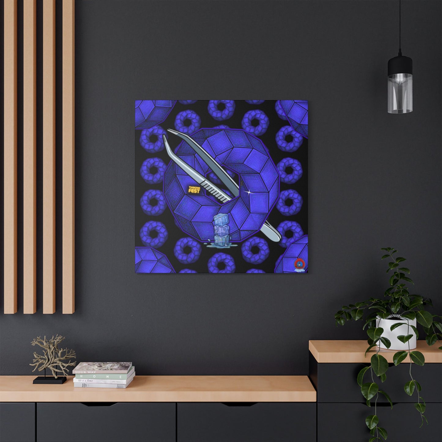 GIANT  Canvas [36" x 36"] - "Uncle Ebenezer's Donut" - blue cubed donuts - w/donut field - variant 1