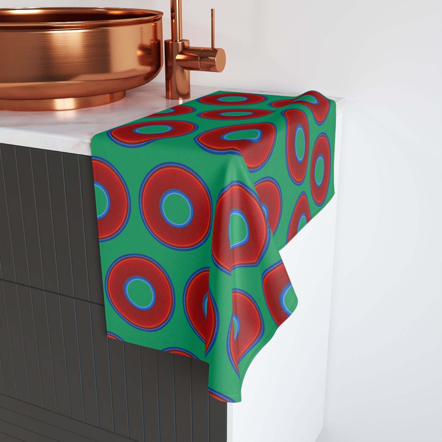 Lumpy Kitchen/Hand Towels - vivid red donuts w/jade green background