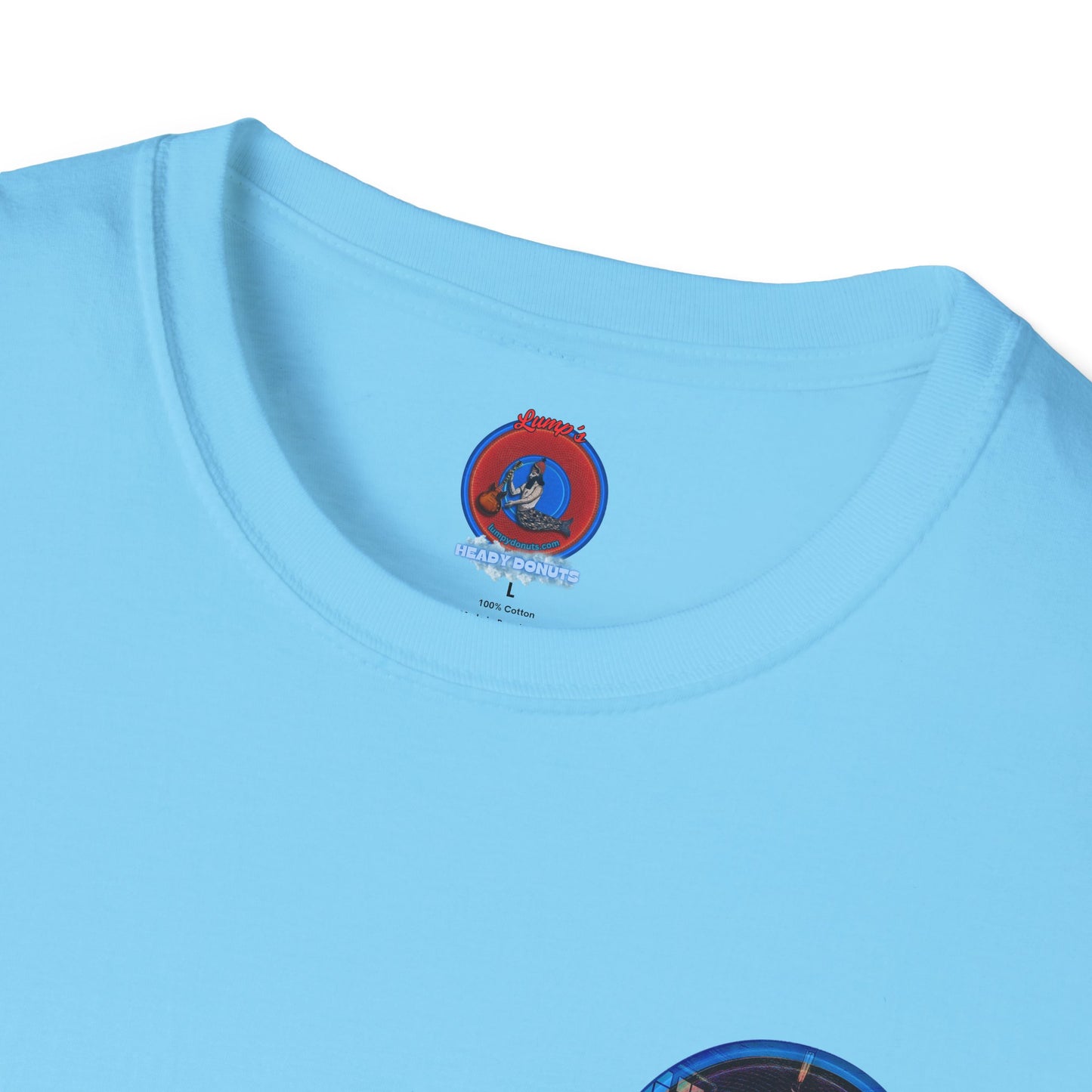 Classic Donut Tee - Unisex Soft-Style - "The Torturous Chalk Dust Donut  " - blue/red picture donut