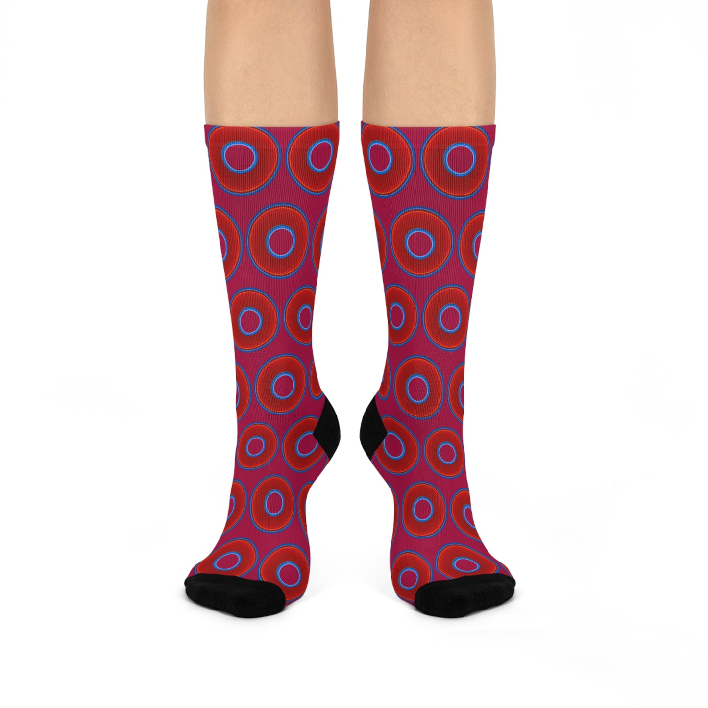 Lumpy Sox - cushioned crew - vivid red donut print w/dark magenta background