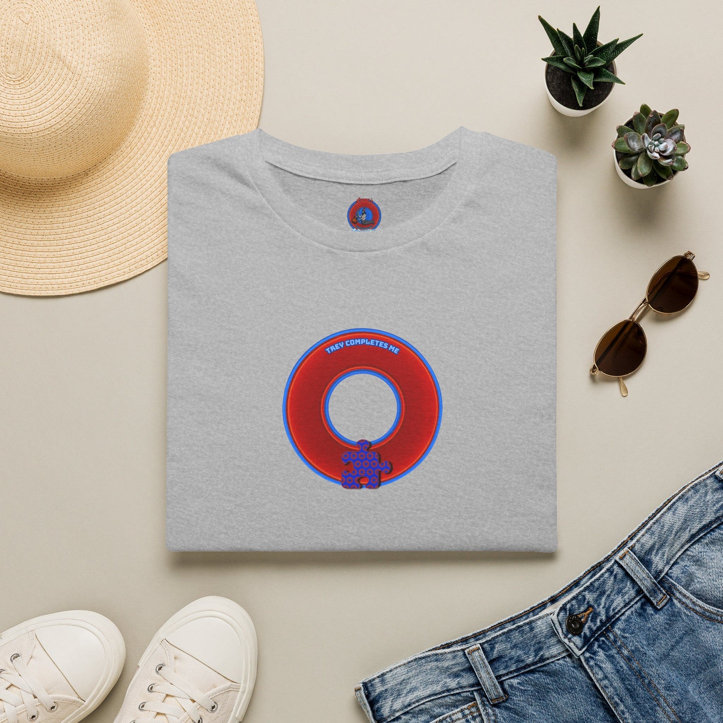 Classic Donut Tee - Unisex Soft-Style - "Trey's Completed Donut" - vivid red/blue donut