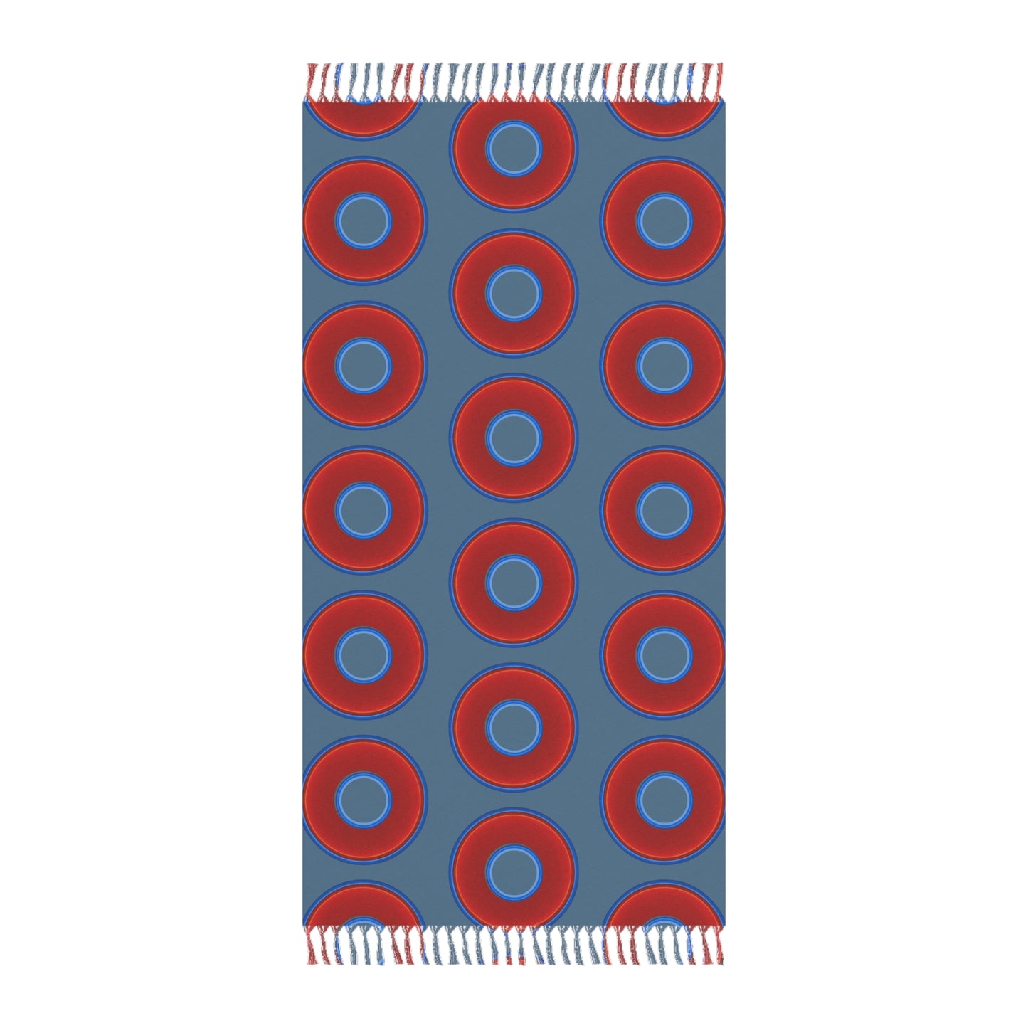 Oversized Lumpy Beach Towel - vivid red donuts w/steel blue background