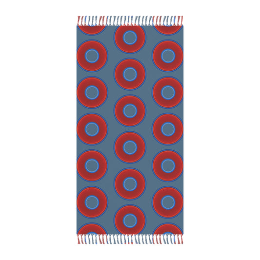 Oversized Lumpy Beach Towel - vivid red donuts w/steel blue background