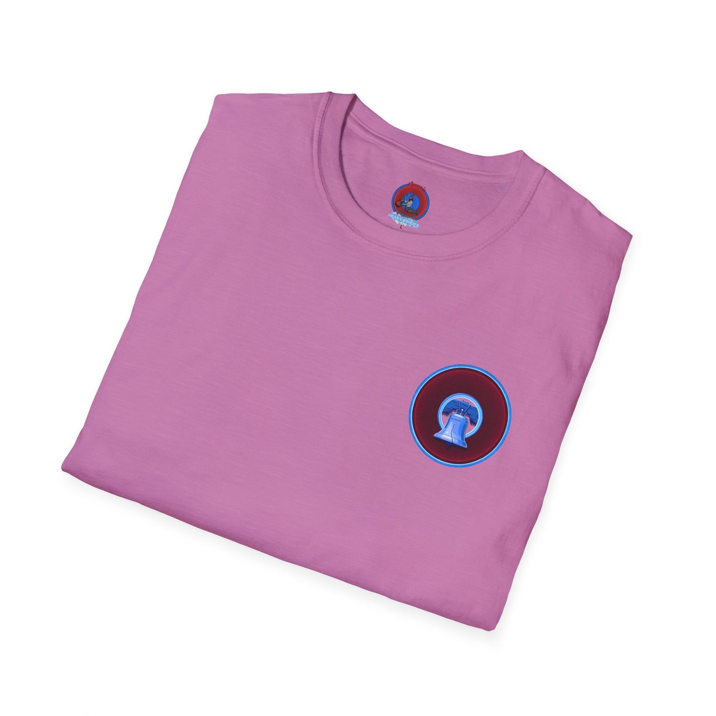Classic Donut Tee - Unisex Soft-Style - "Brotherly Donuts Jawn" - vivid dark purple-red/light blue donut