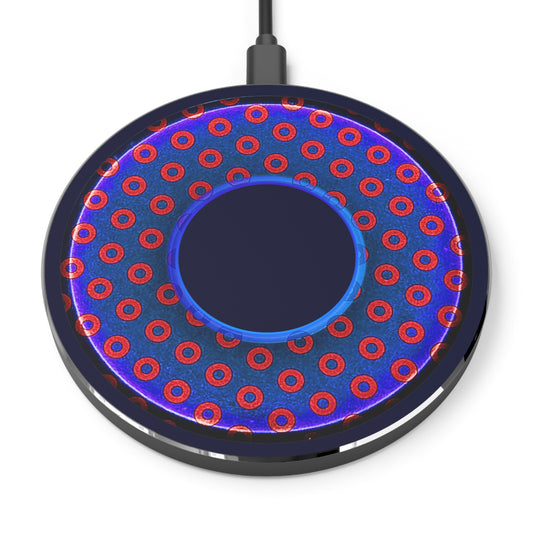 The Flow - Wireless Lumpy Donut Chargers - paradoxical rustic red/blue donut w/dark navy background