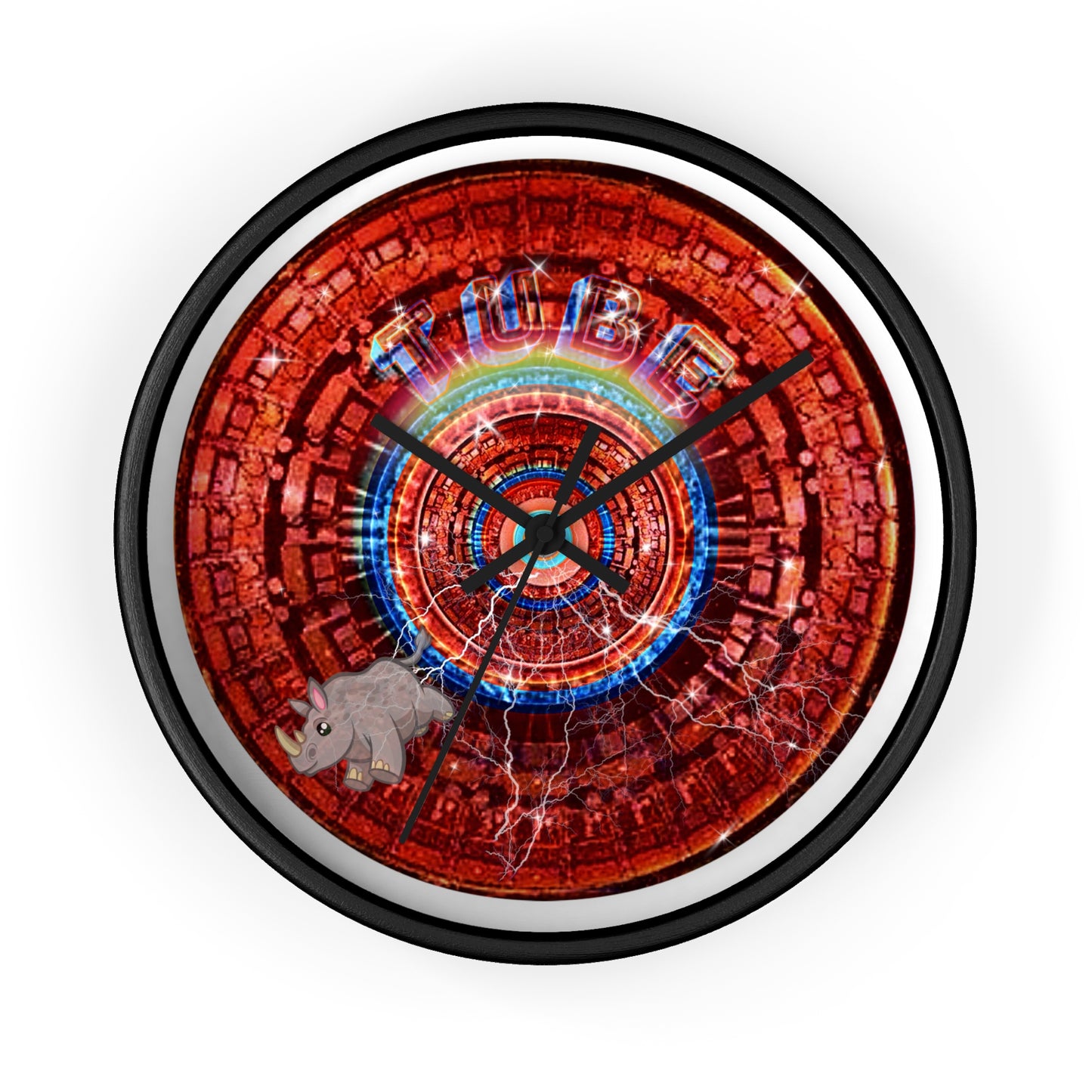 Lumpy Wall Clock - "Rhinos Do Run From Thunder" -  red tube donut w/white background