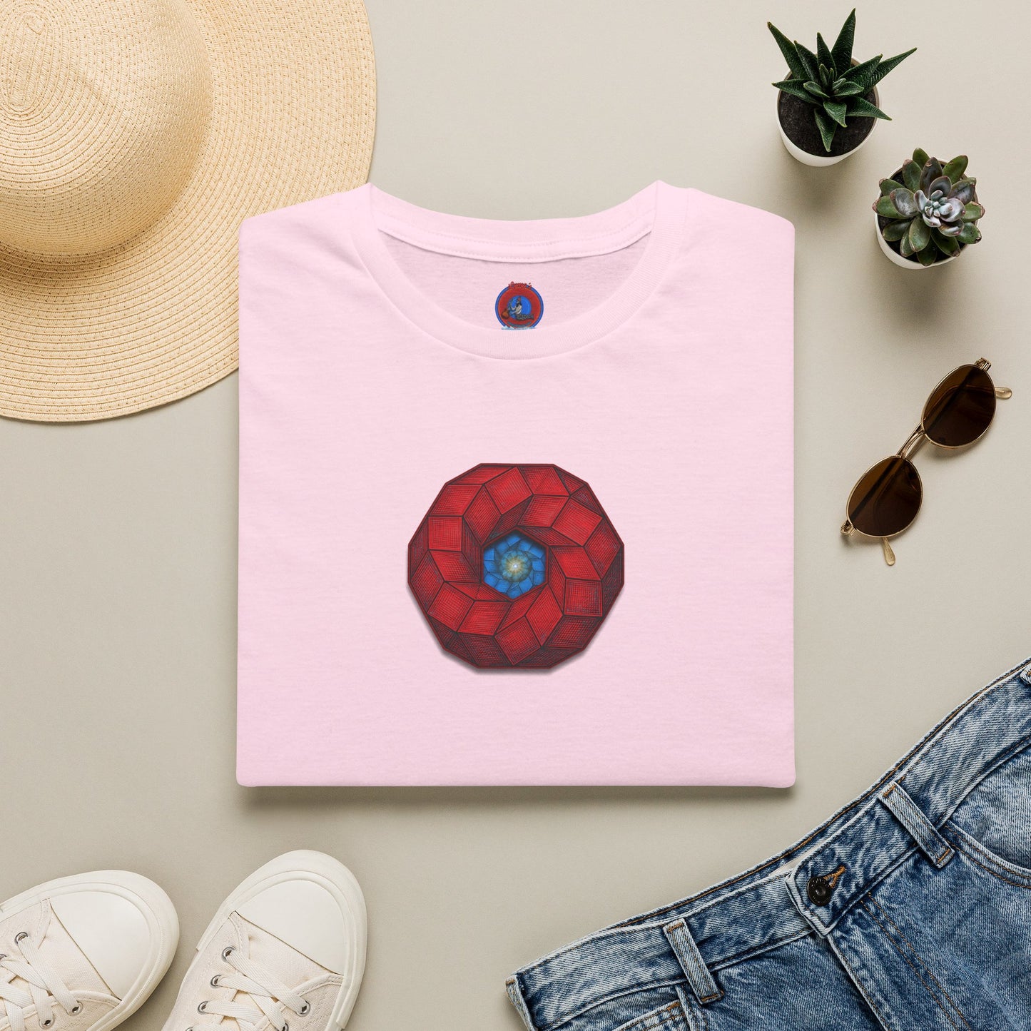 Classic Donut Tee - Unisex Soft-Style - "The 9th Donut" - rustic red/blue cubed donut - variant 1
