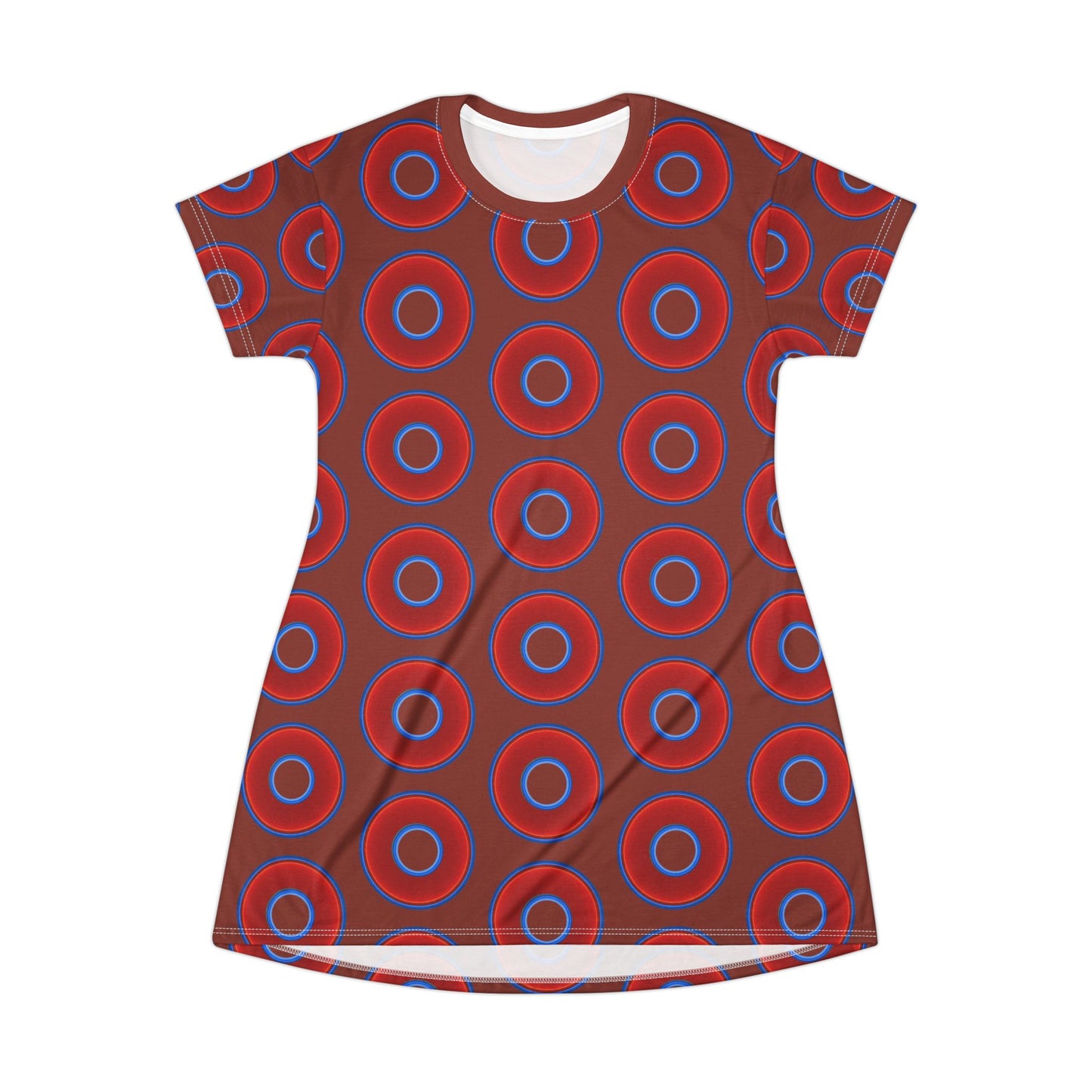 Not a Muumuu AOP Tee Shirt Dress - red vivid donuts w/burnt umber background